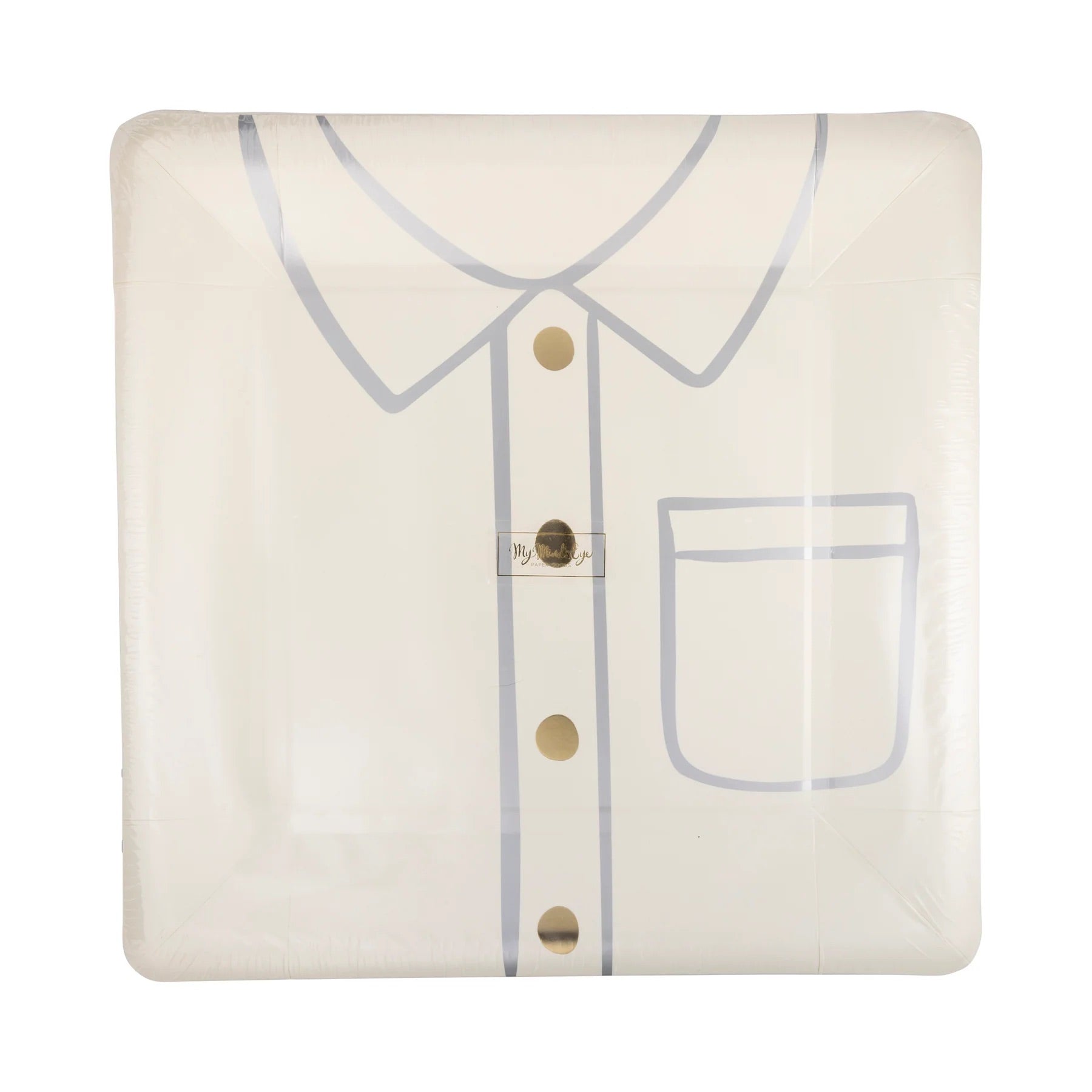 A square white paper plate with a dress shirt design, featuring a collar, buttons, and a pocket in blue and gold detailing. The plate is wrapped in clear plastic packaging with a visible product label.