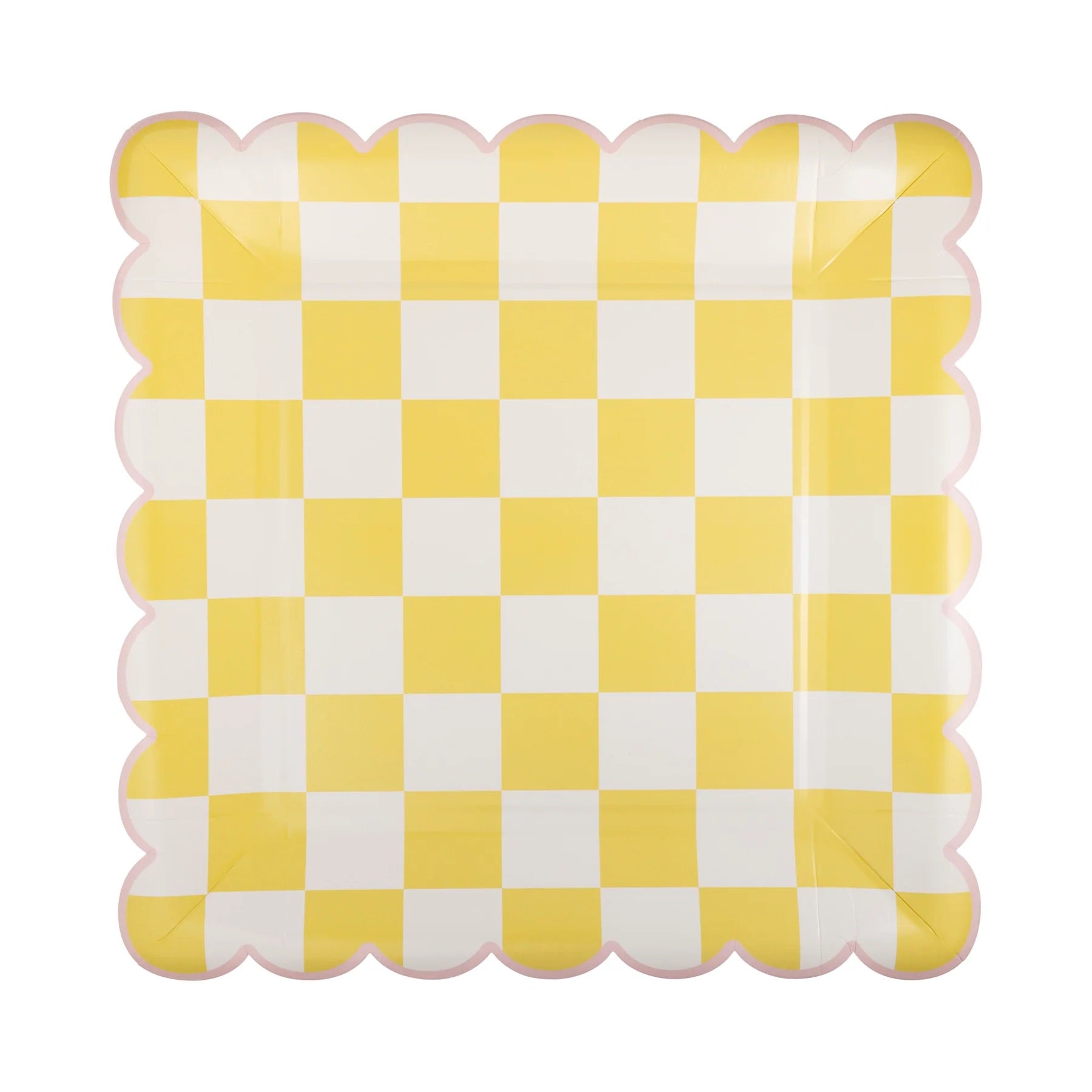 Yellow Checkered Paper Plates with Scalloped Edges