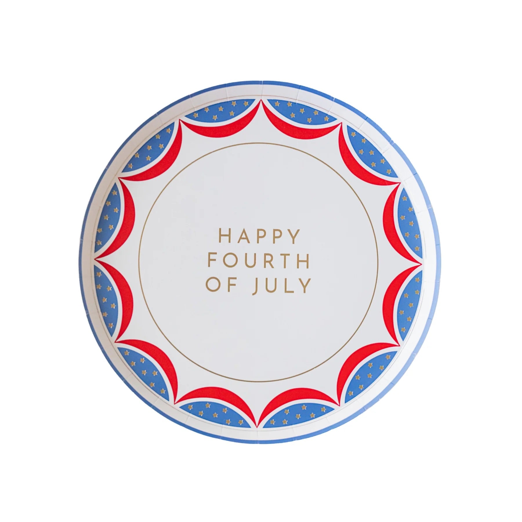 Close-up of Happy 4th of July Plates featuring bold red, white, and blue lettering.