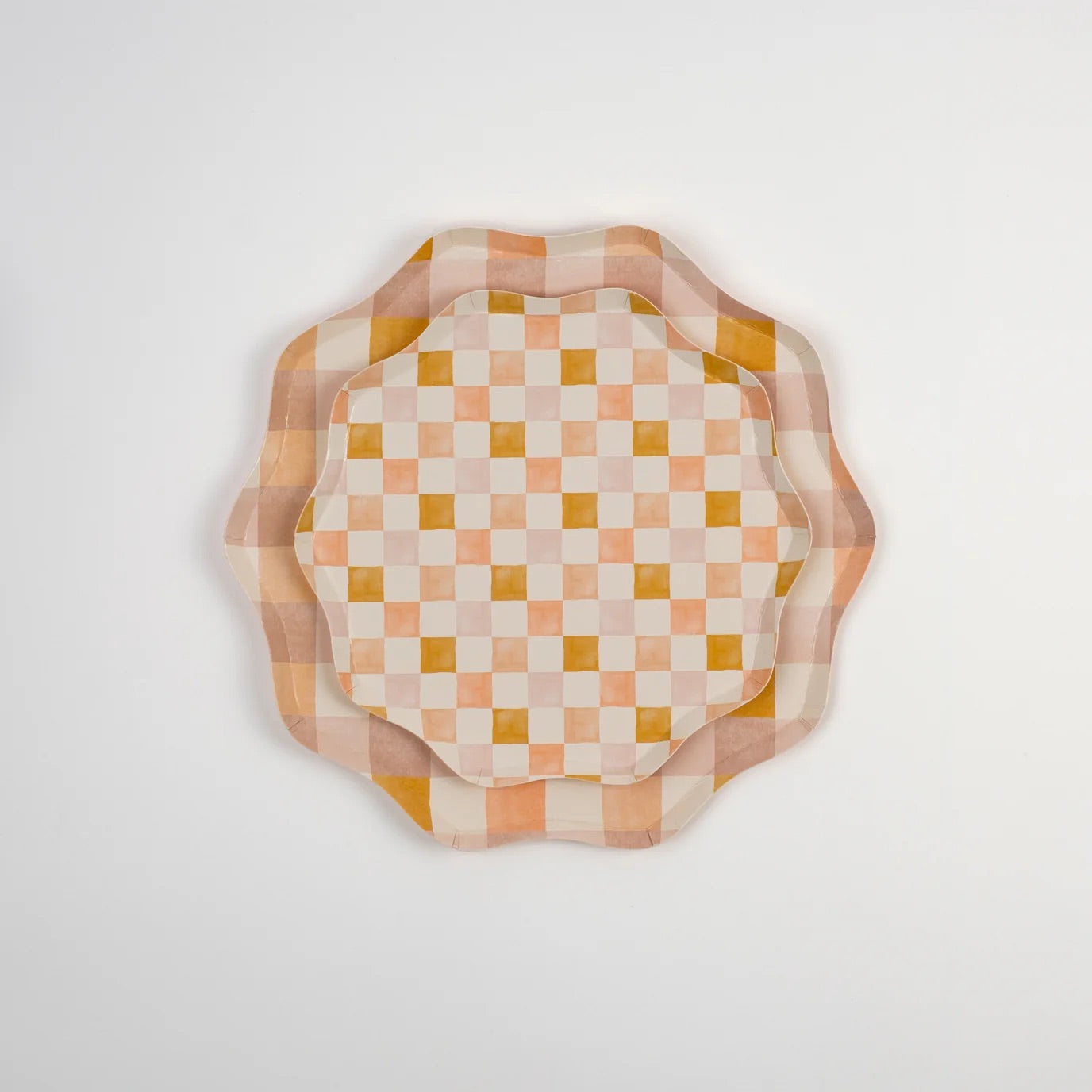 Set of Harmony Dinner Plates stacked with coordinating pastel checkered and plaid plates, creating a layered, elegant look for parties, picnics, and holiday gatherings.