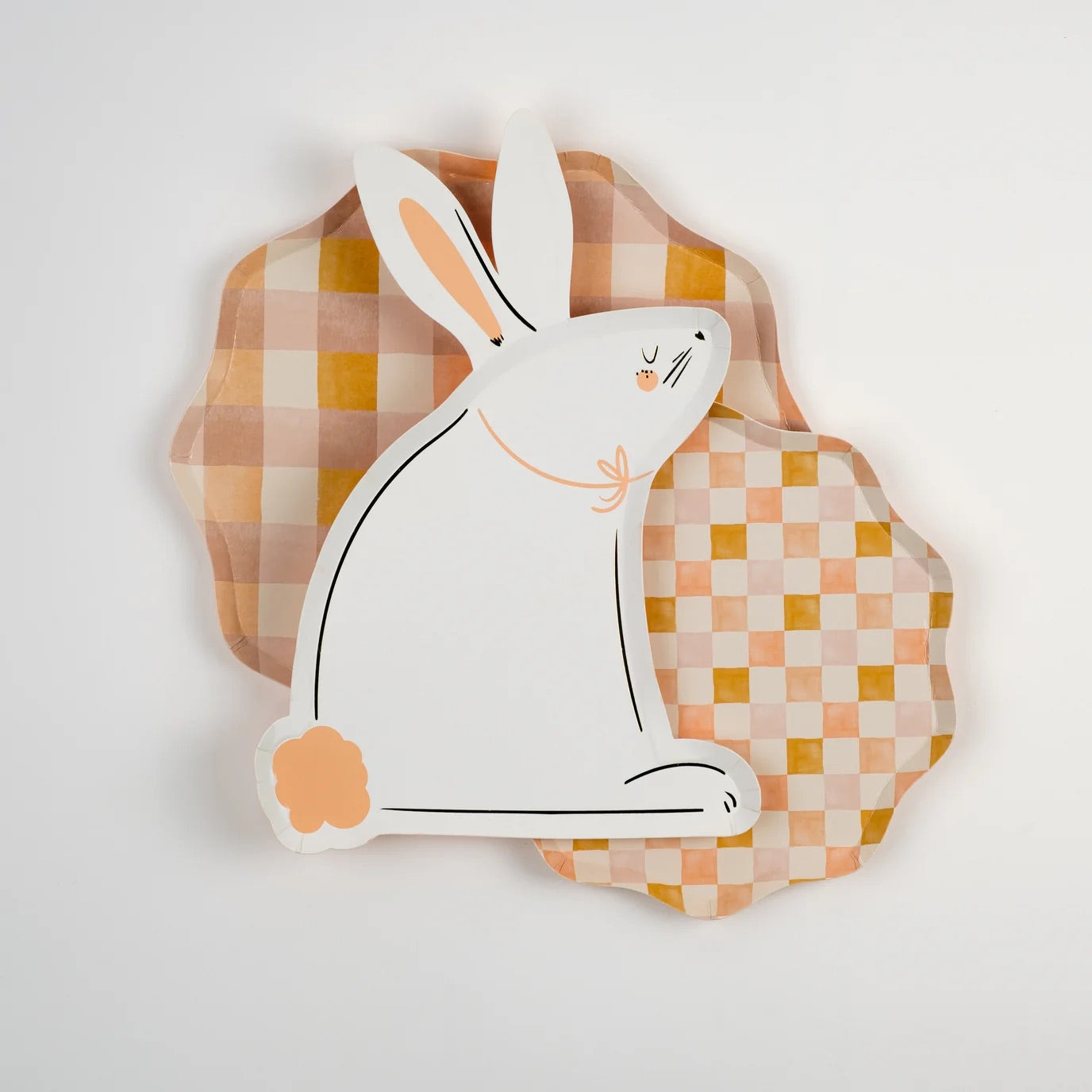 Coordinating set of Harmony Dinner Plates with a bunny-shaped plate, styled for a whimsical spring gathering, baby shower, or garden tea party.