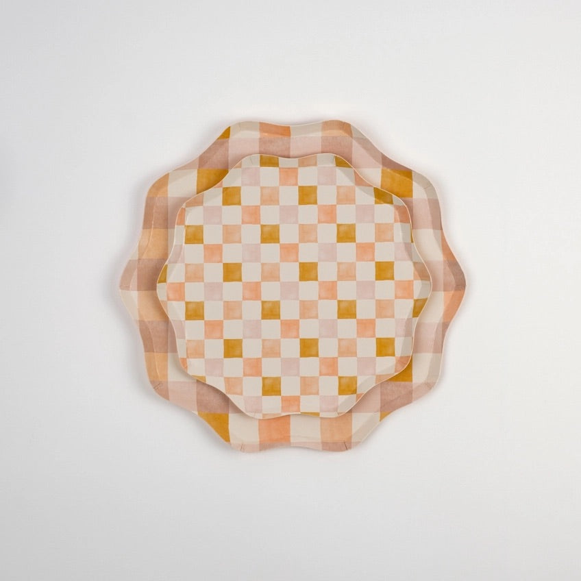 Harmony Plaid Dessert Plates paired with matching gingham dinner plates in warm, earthy tones, designed for mix-and-match tablescapes at bridal showers, birthdays, and tea parties.