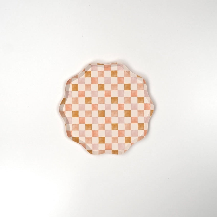 Peach and pink checkered dessert plate with a scalloped edge, featuring a watercolor-inspired gingham design. Perfect for brunches, baby showers, and stylish gatherings.