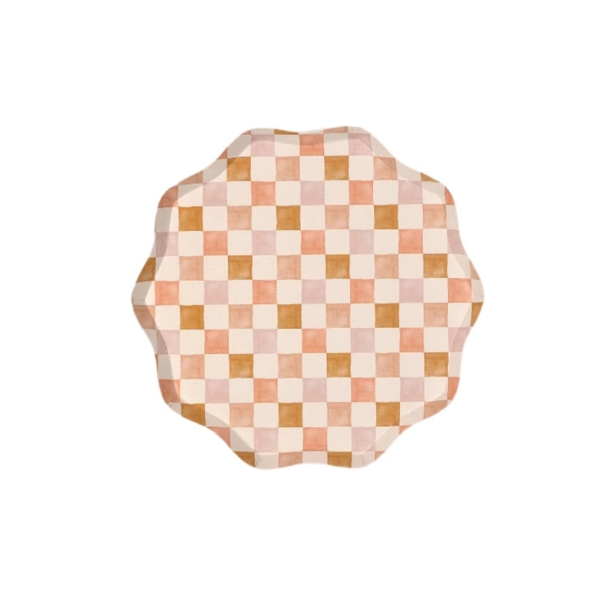 Peach and pink checkered dessert plate with a scalloped edge, featuring a watercolor-inspired gingham design. Perfect for brunches, baby showers, and stylish gatherings.