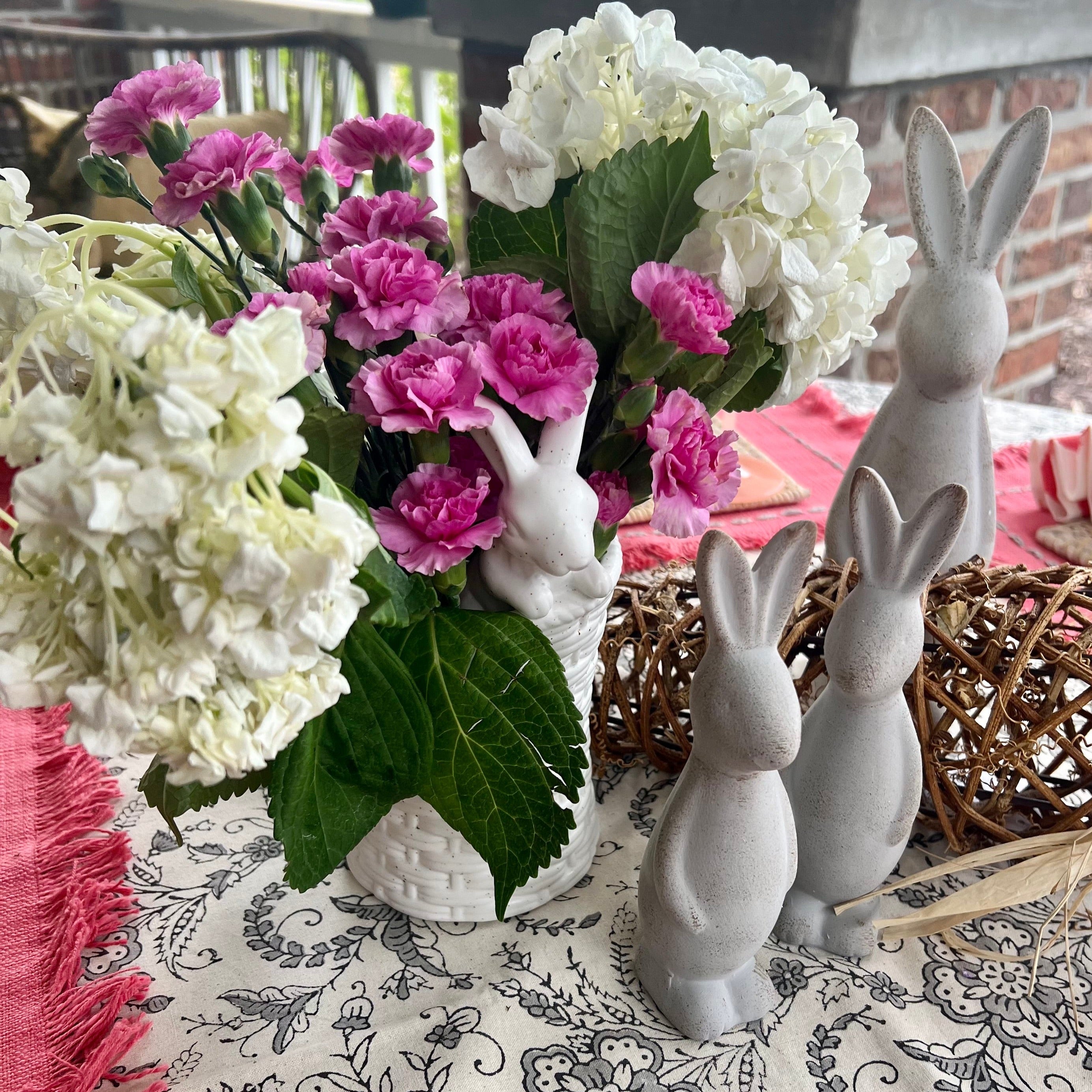 Gray easter bunny table decoration. Modern easter decor.