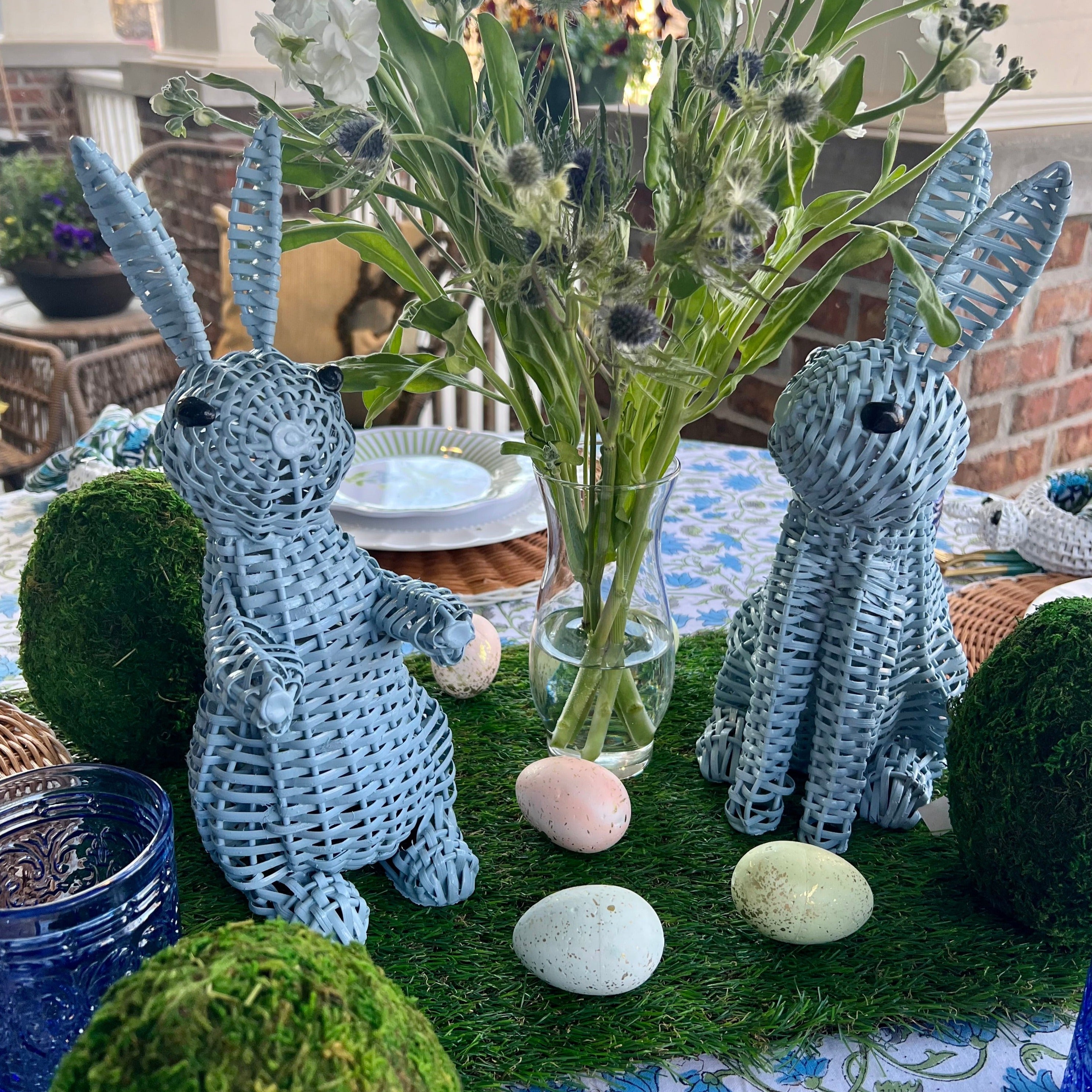 Easter Egg decorations in green, blue, and pink with gold speckles