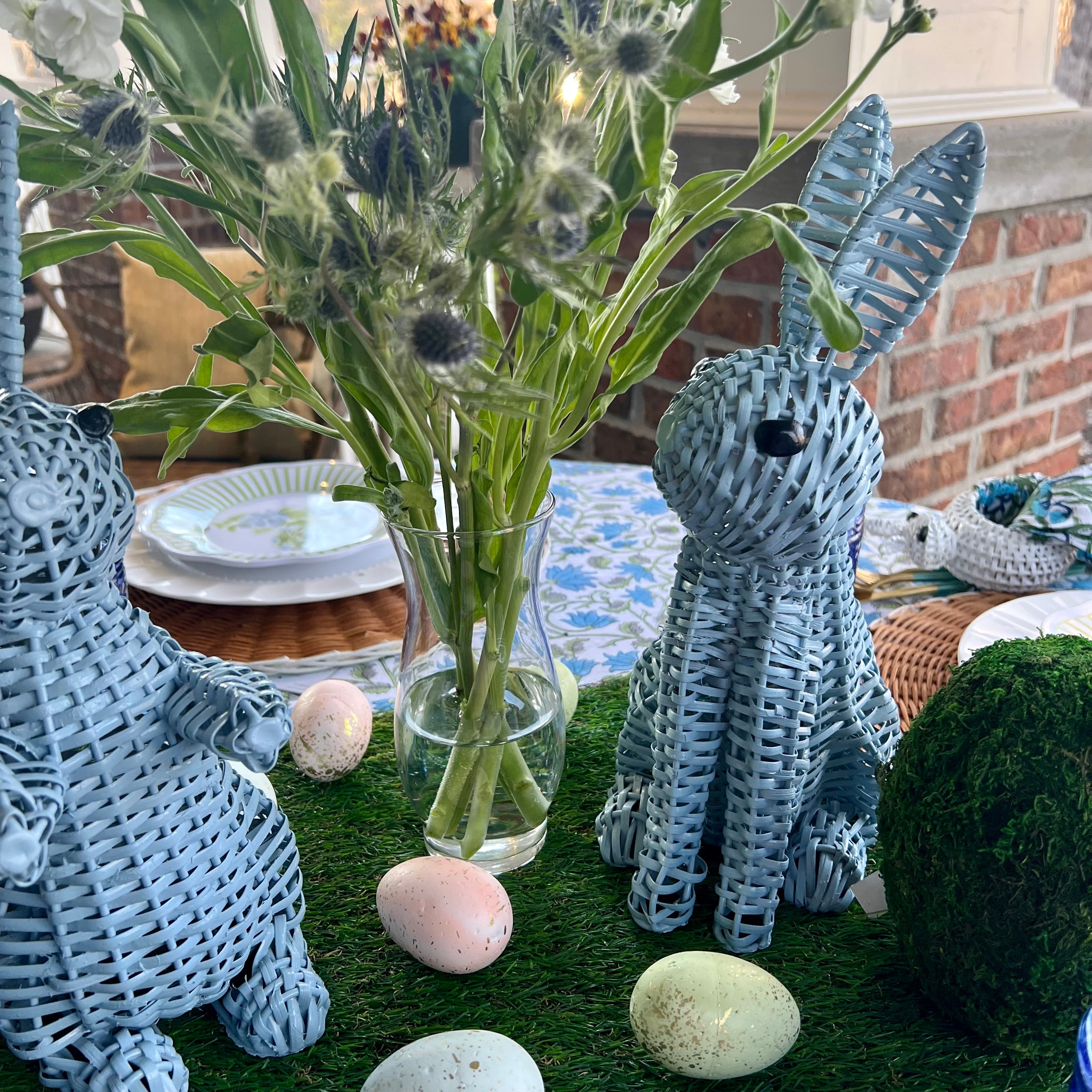 Blue Wicker Easter Bunny Table Decor on a Spring Tablescape