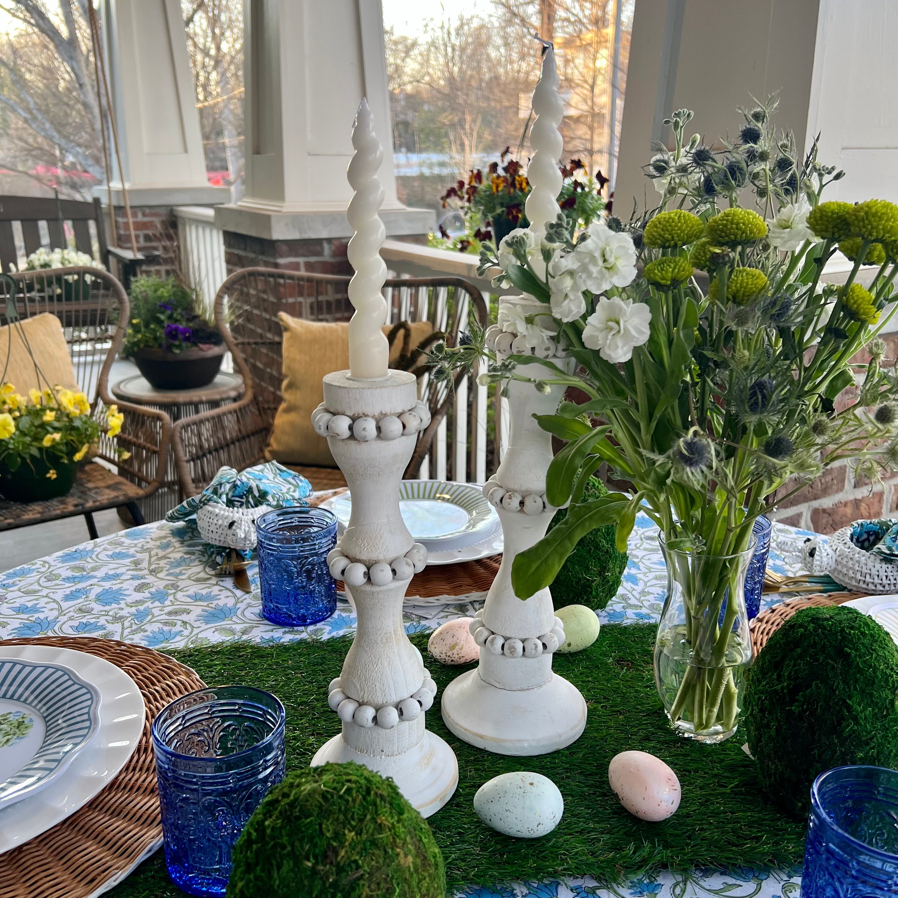 Easter Egg decorations in green, blue, and pink with gold speckles