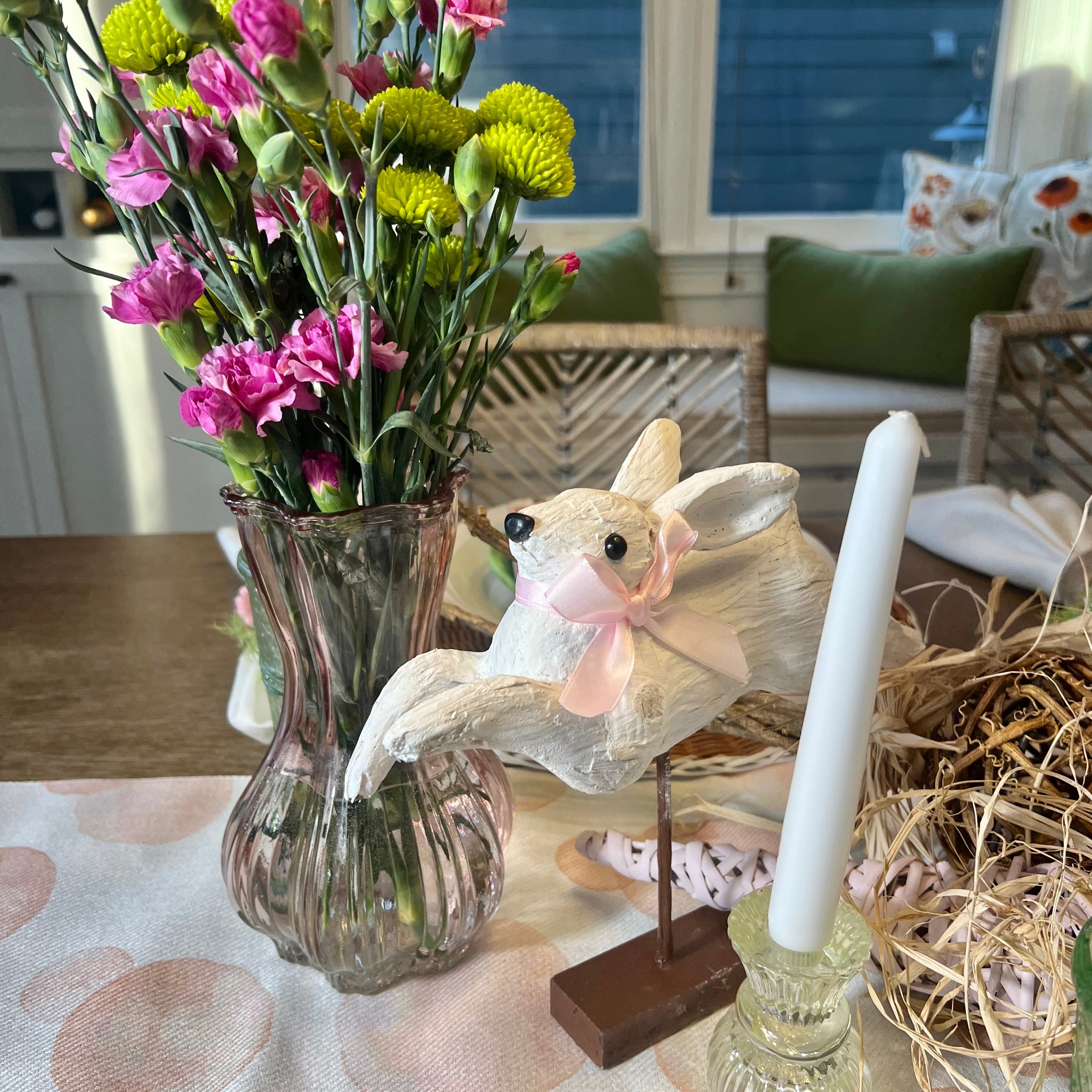 White leaping easter bunny decoration - perfect for a spring table decoration or easter tablescape. 