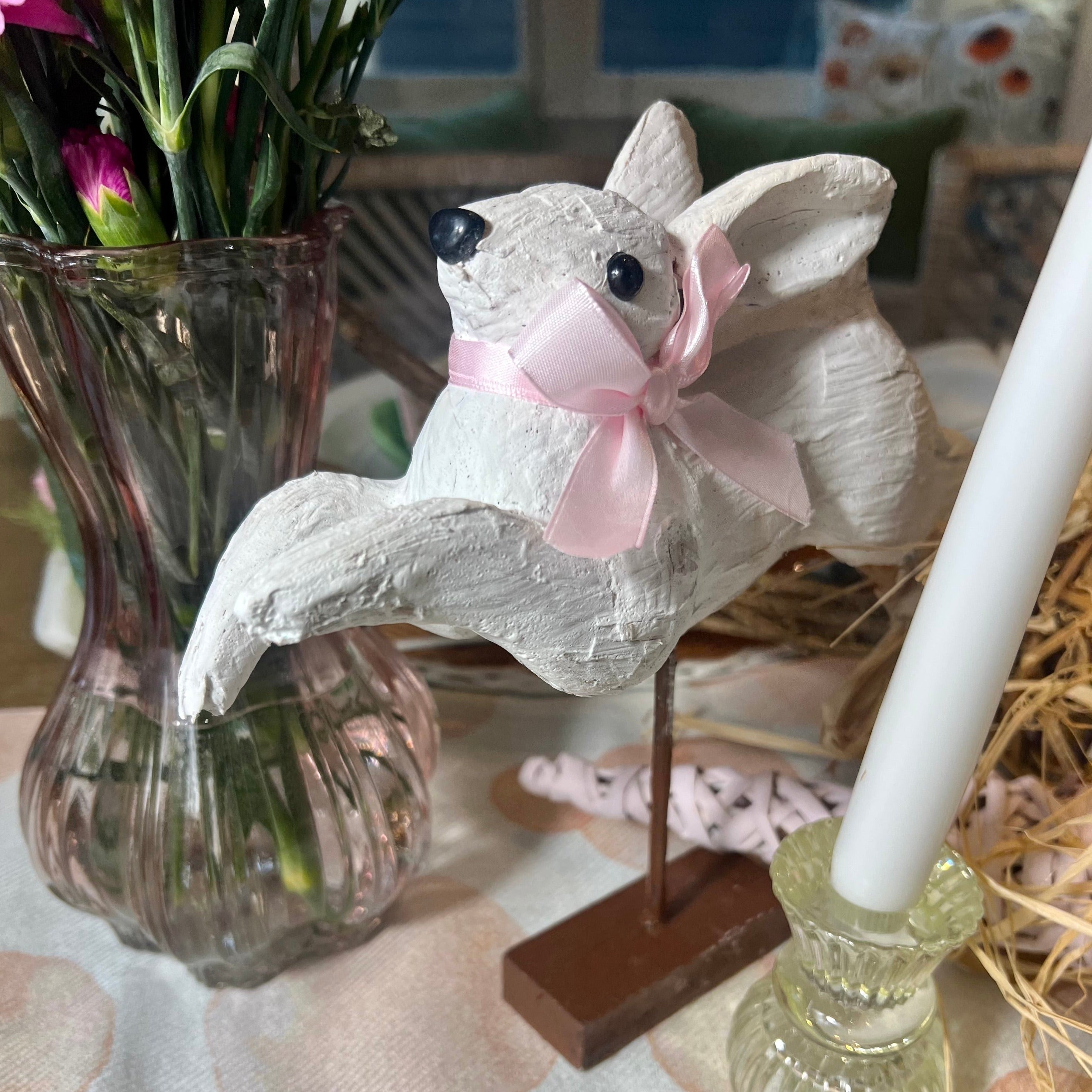 White leaping easter bunny decoration - perfect for a spring table decoration or easter tablescape. 