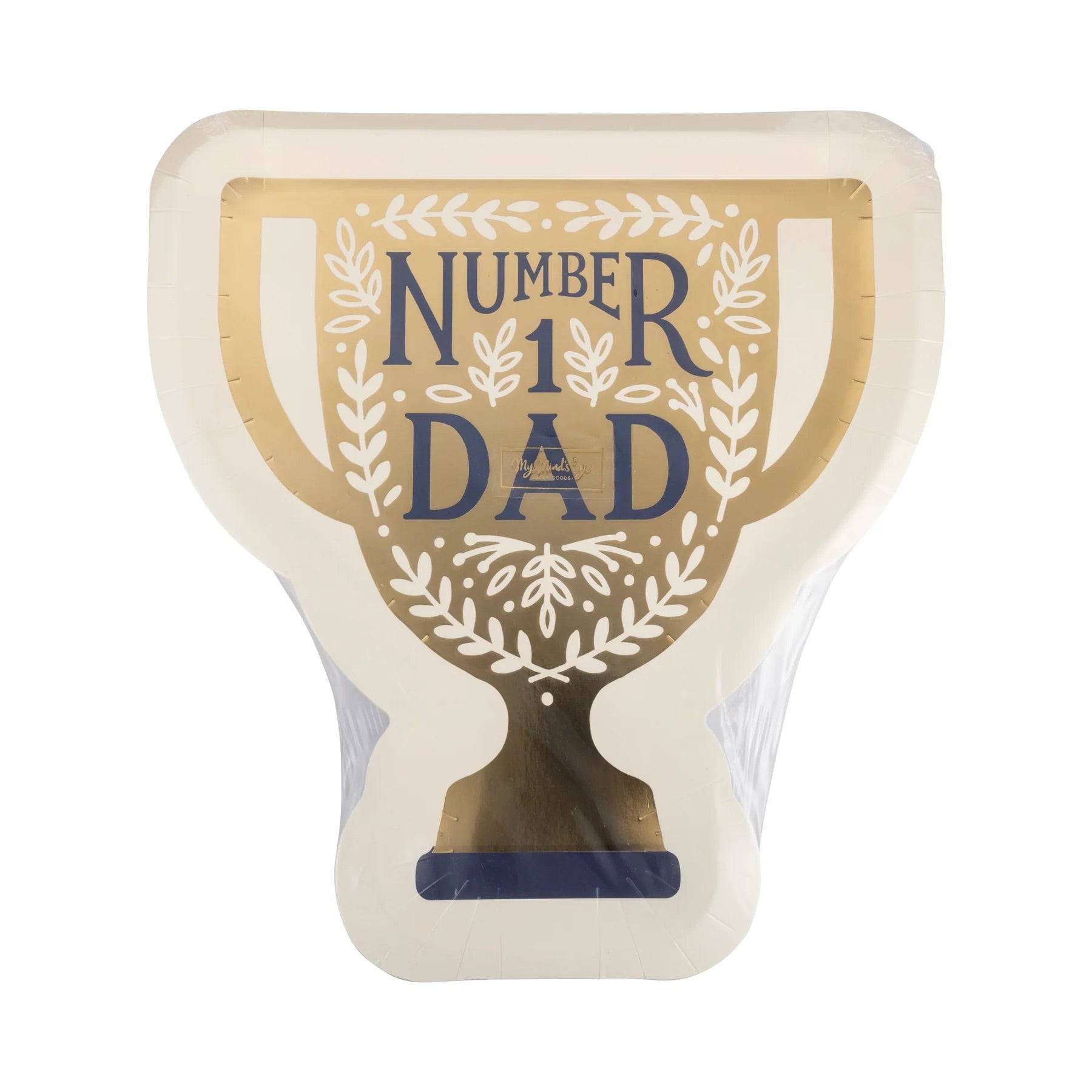 Number 1 Dad Trophy Plates in clear packaging, displaying the gold trophy design.