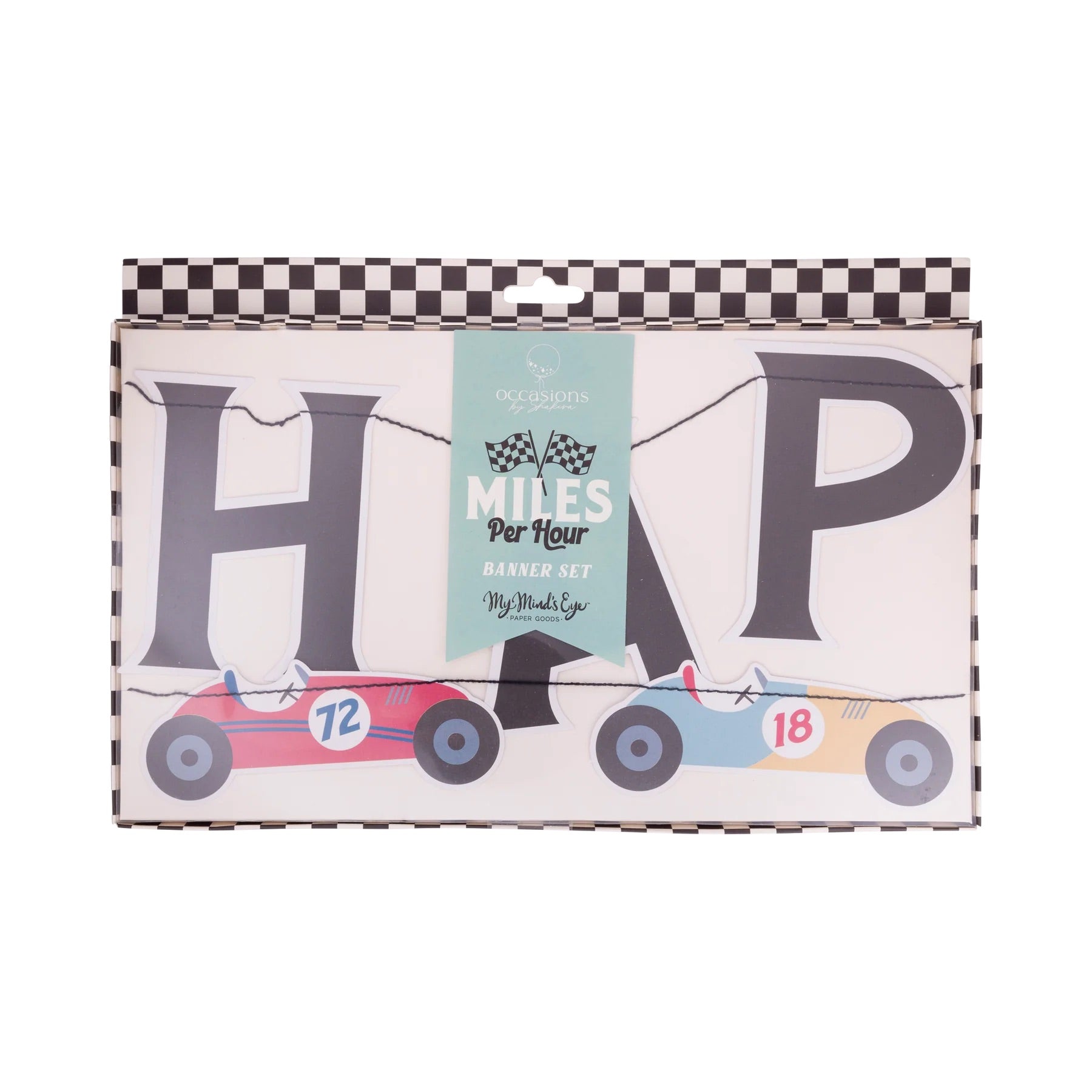 Detailed view of the colorful car illustrations on the Miles Per Hour Happy Birthday Banner.