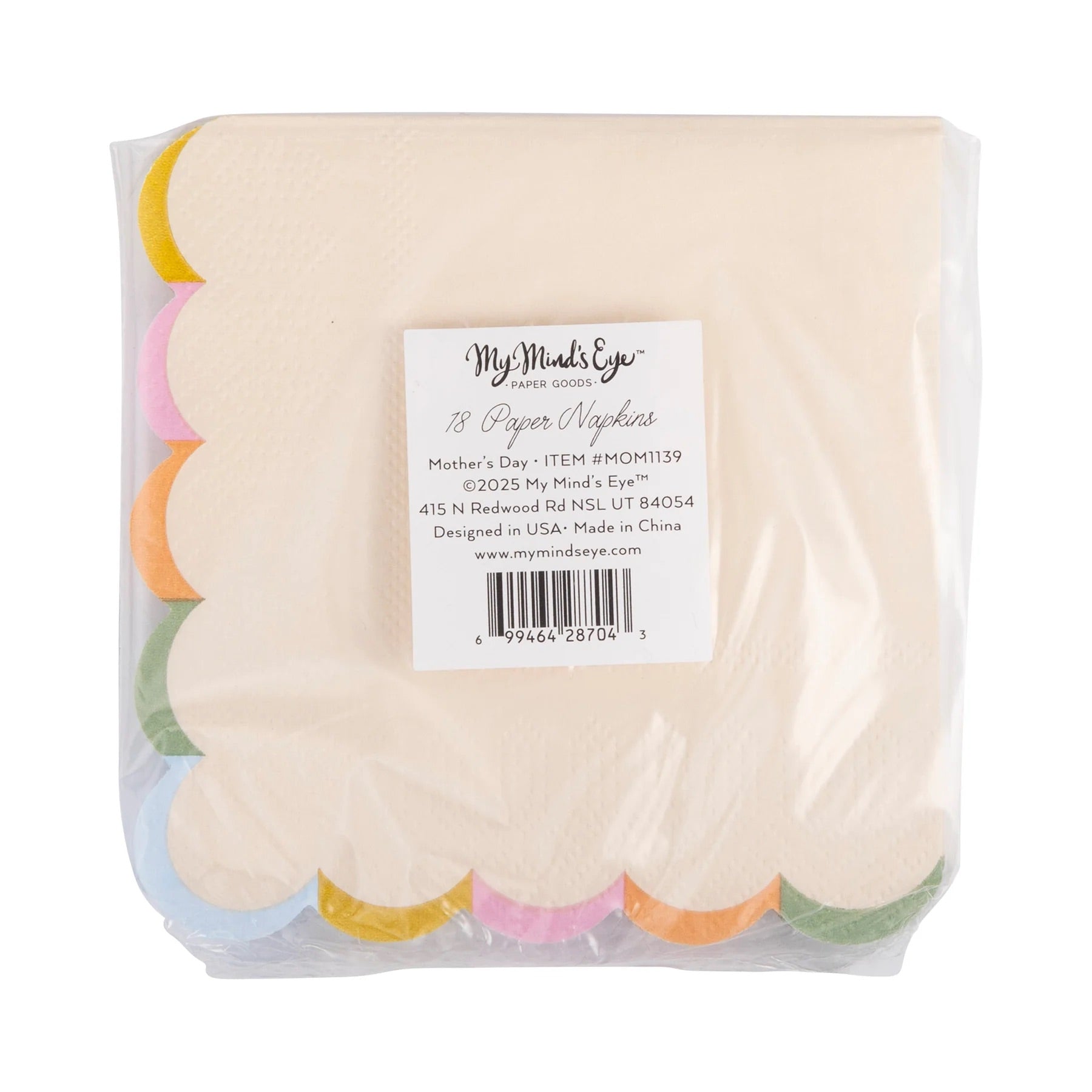 Back view of the packaged Happy Mother’s Day napkins, showing the scalloped pastel trim and soft cream-colored background through the clear plastic wrapping.
