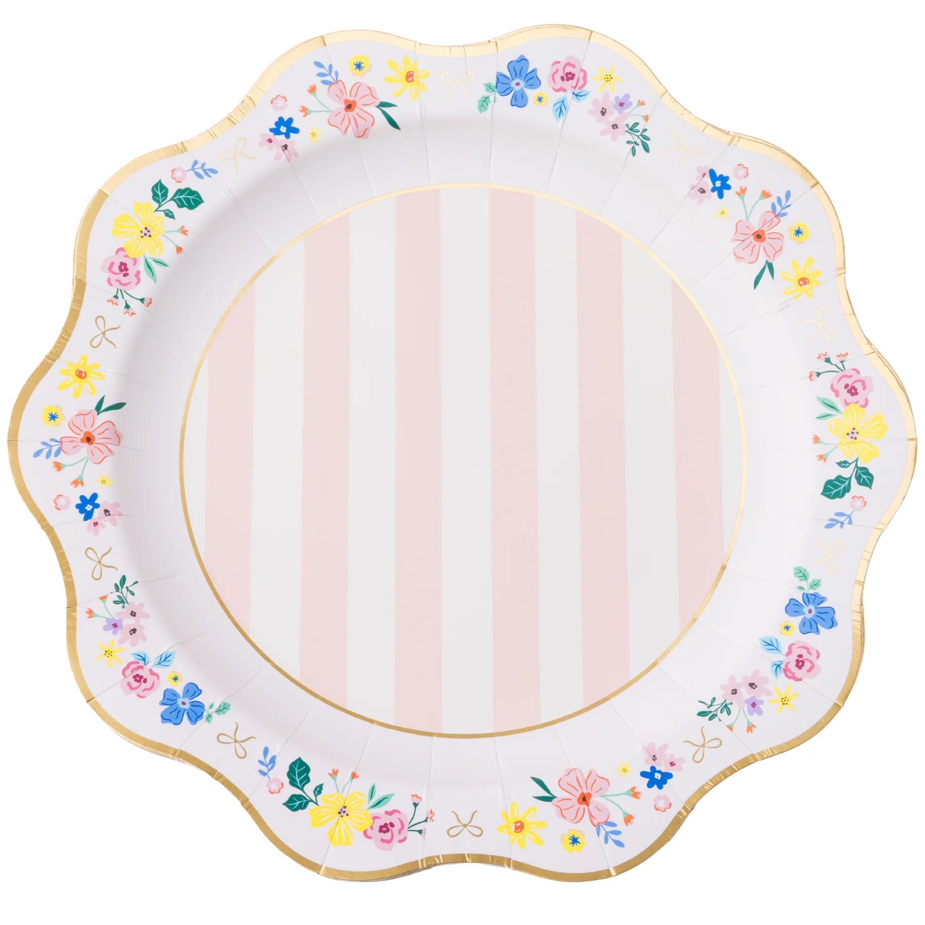 Single multicolor elegant floral scalloped paper dinner plate with pink stripe center and gold foil border on white background
