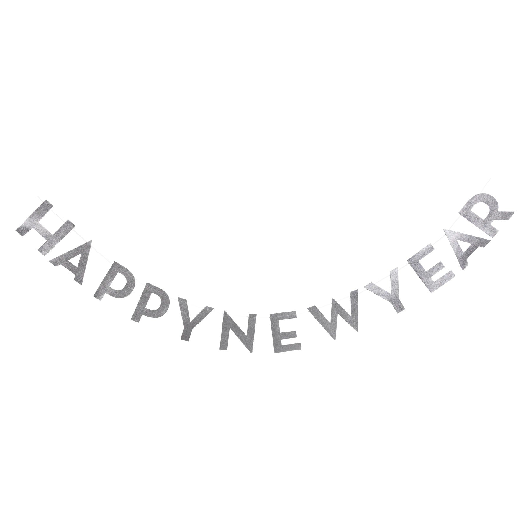Bold silver Happy New Year Banner letters strung together, perfect for elegant and eye-catching NYE party decor."