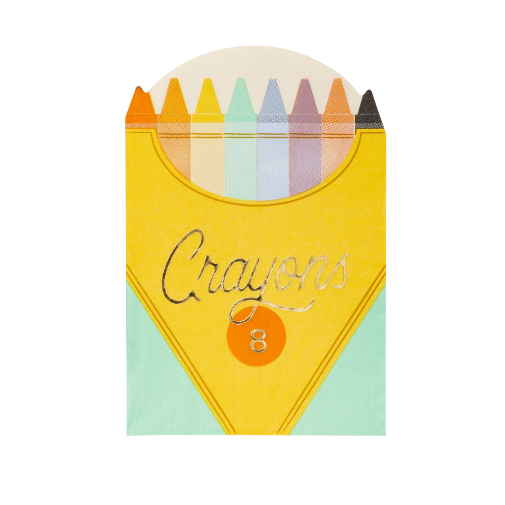 Unwrapped crayon box napkin showing bright yellow and mint design with eight colorful crayon tips and foil lettering.