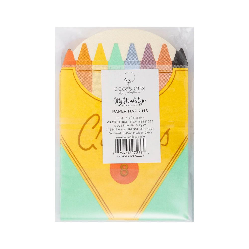 Packaged set of crayon box-shaped napkins with colorful crayon tops and product label from My Mind’s Eye.
