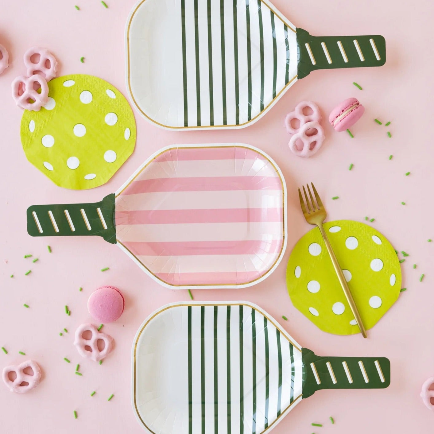 Add flair to your pickleball party ideas with our pink paddle plates. Perfect for stylish country club theme parties.