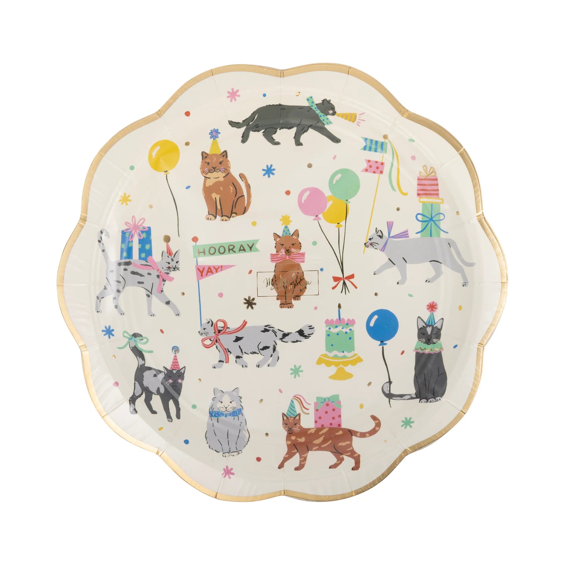 Single scalloped Cat Party Plate printed with birthday cats, balloons, gifts, and a gold-foil rim.