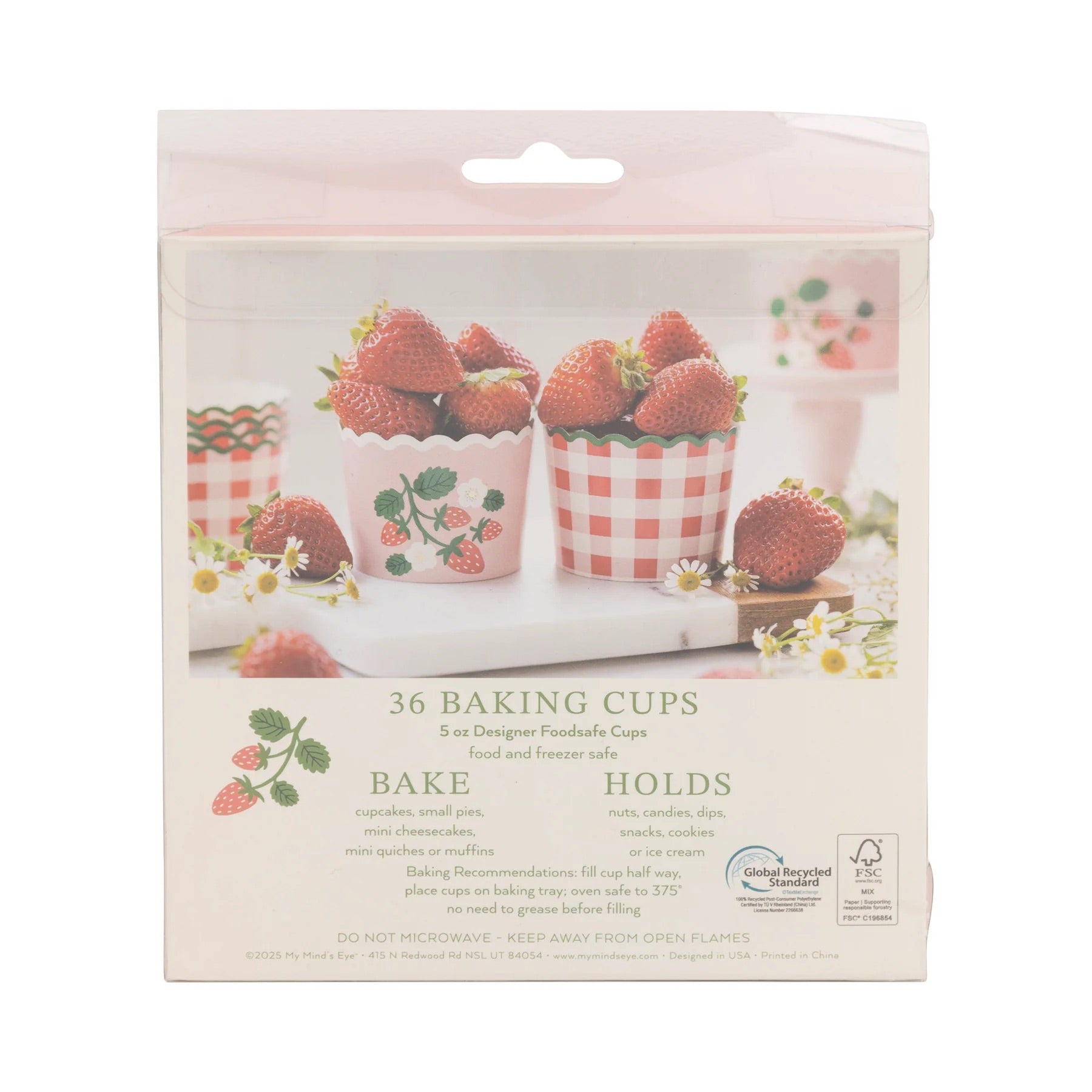 Front view of the baking cup packaging featuring strawberry-filled cups and usage instructions.