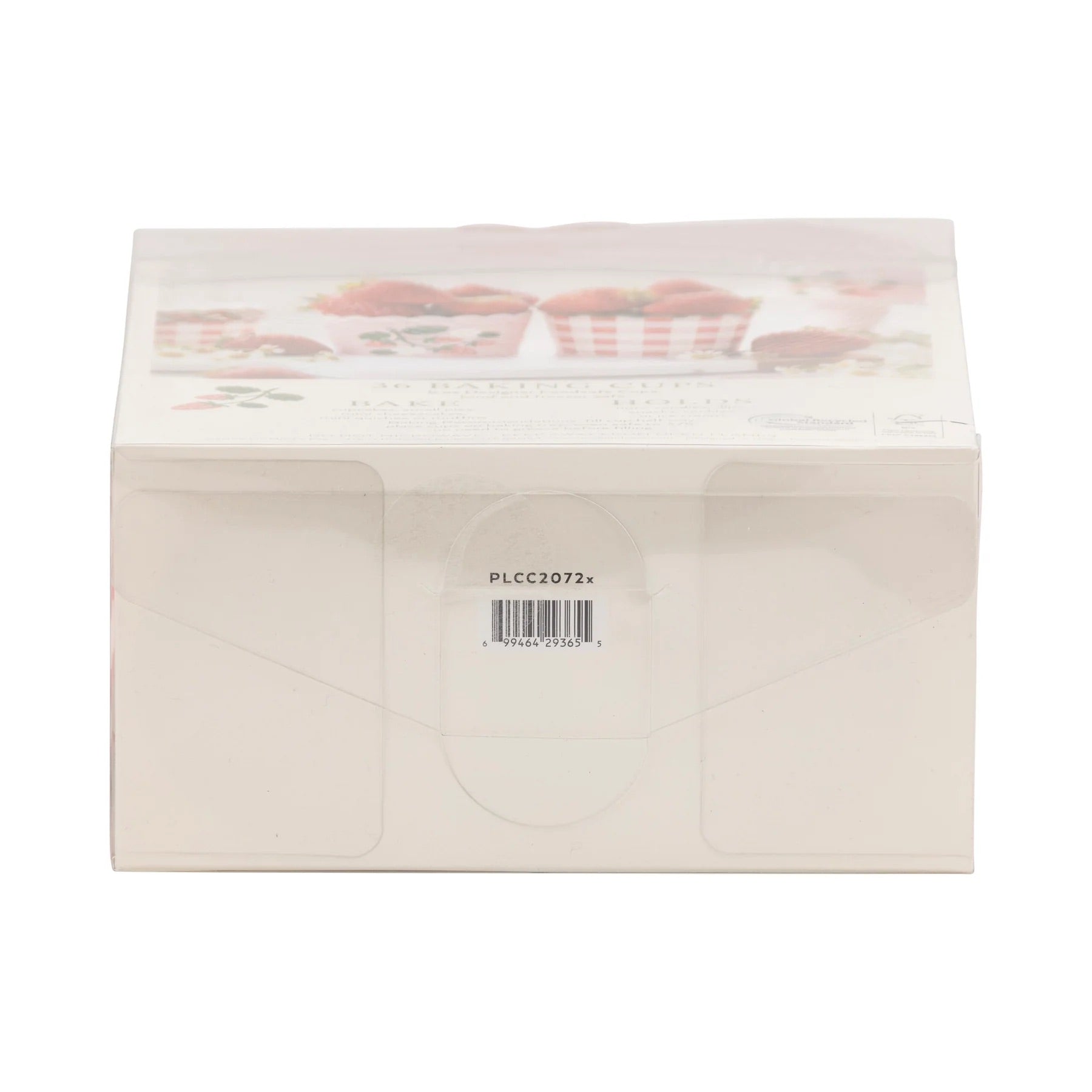 Bottom view of baking cup packaging showing product barcode and item number.