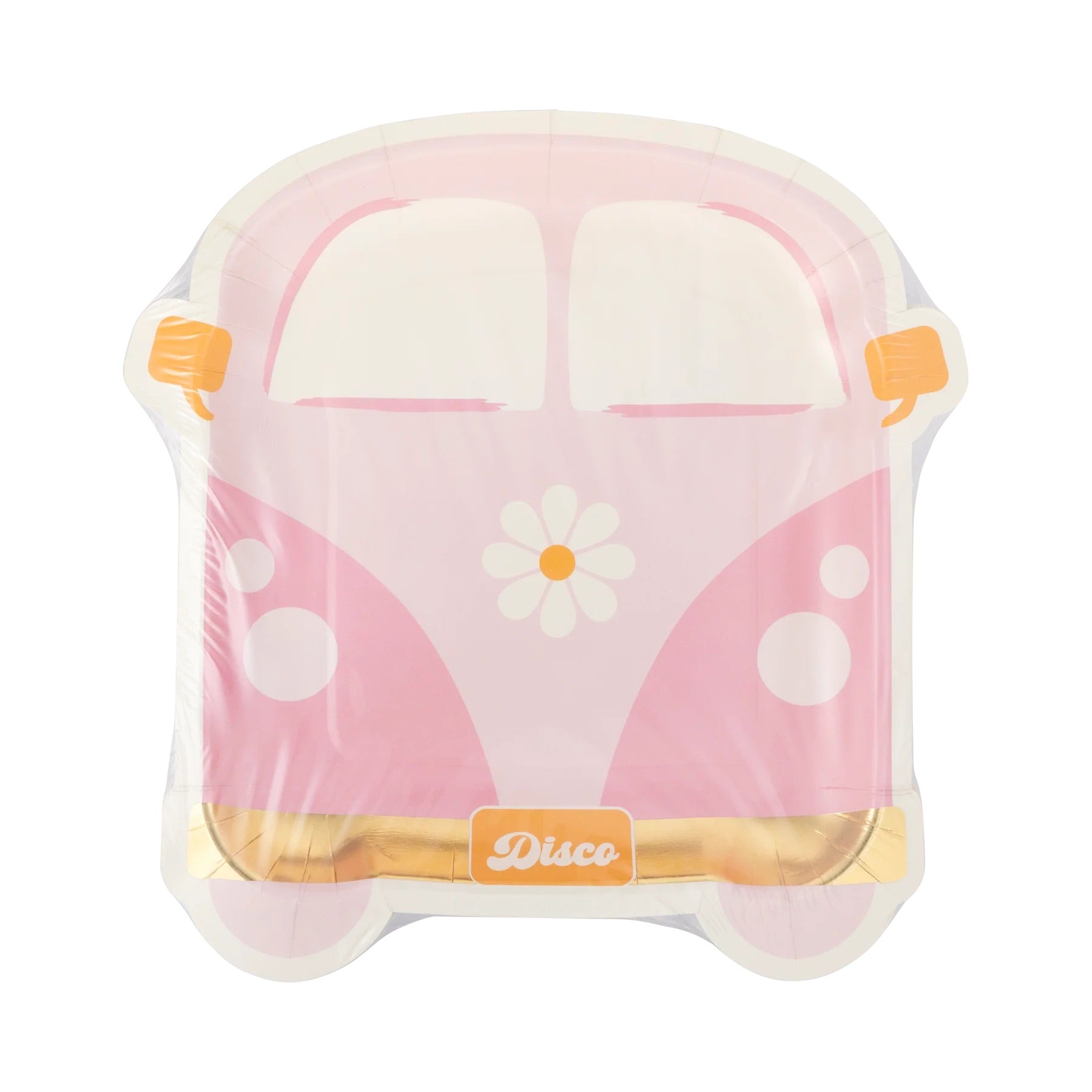 Retro pink van-shaped party plate with daisy detail and gold holographic foil bumper, reading 'Disco'.
