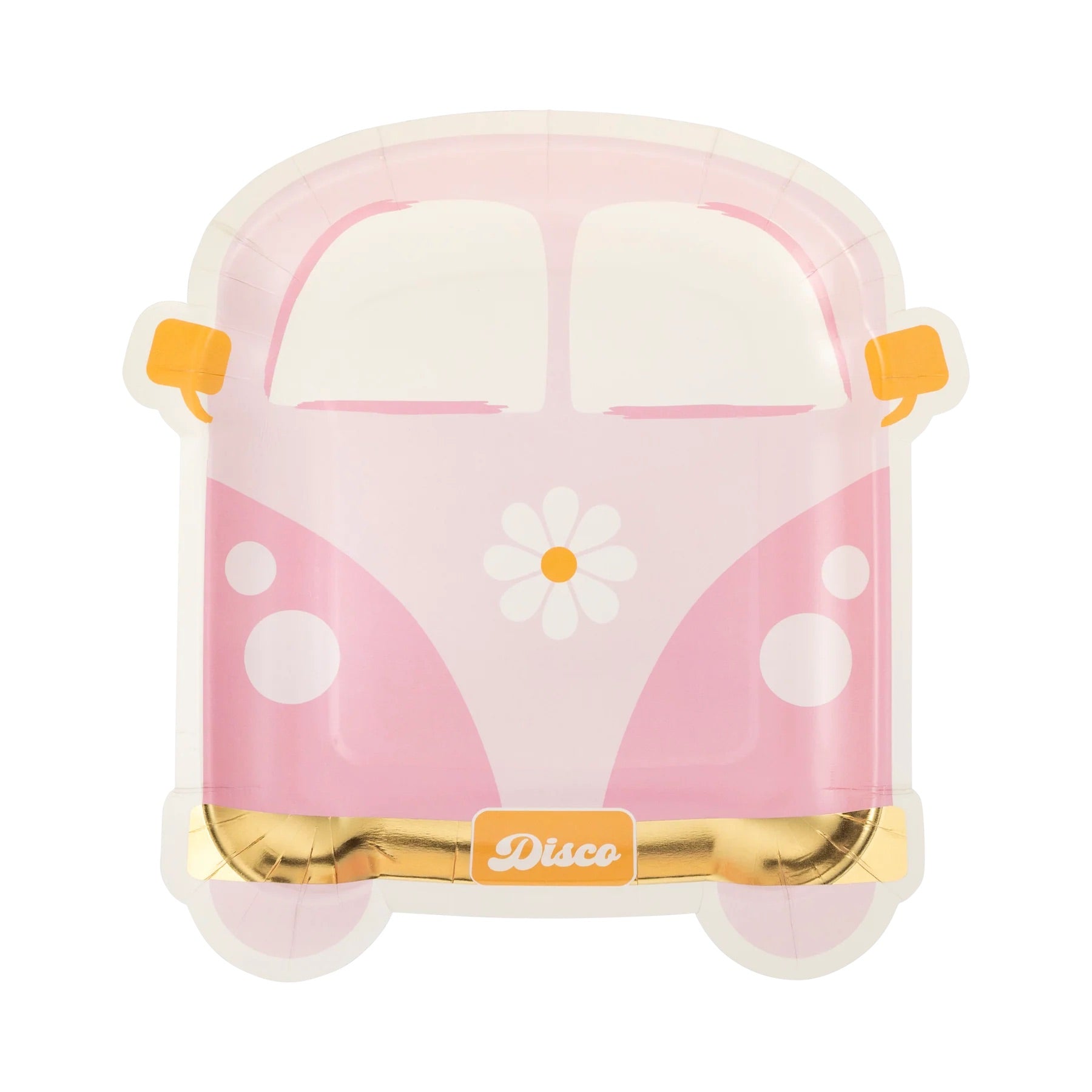 Single pink van-shaped paper plate featuring daisy and holographic foil detail—perfect for disco theme party decor.
