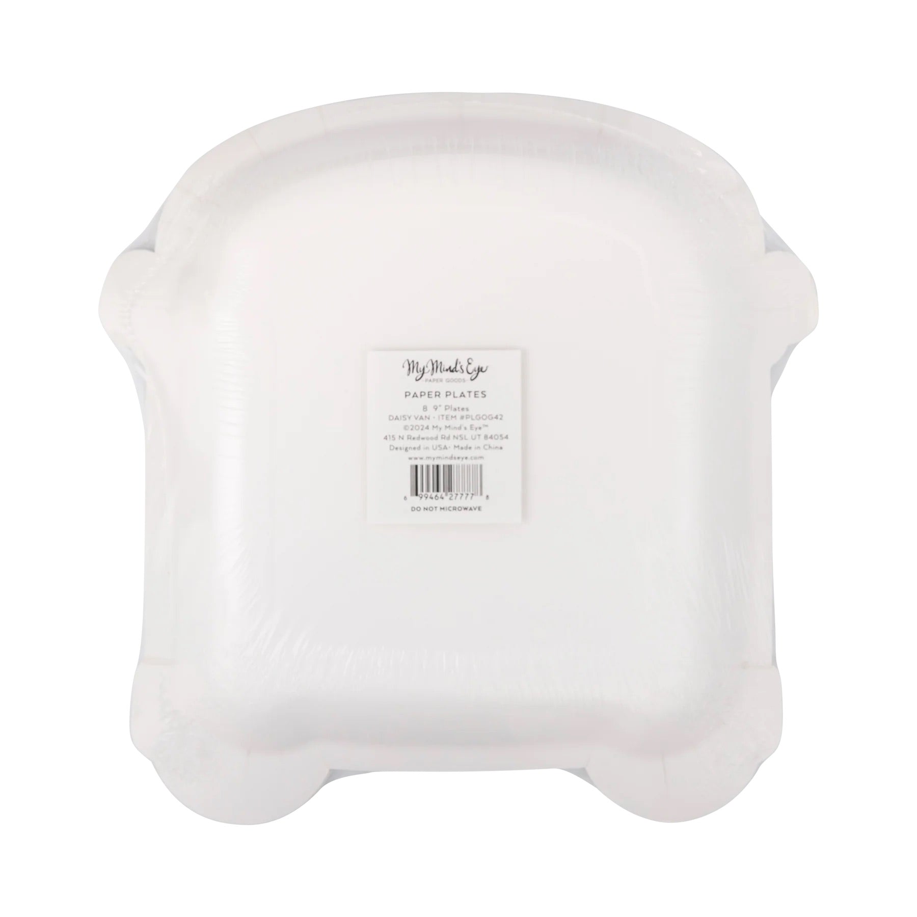 Backside of pink van-shaped paper plate packaging.