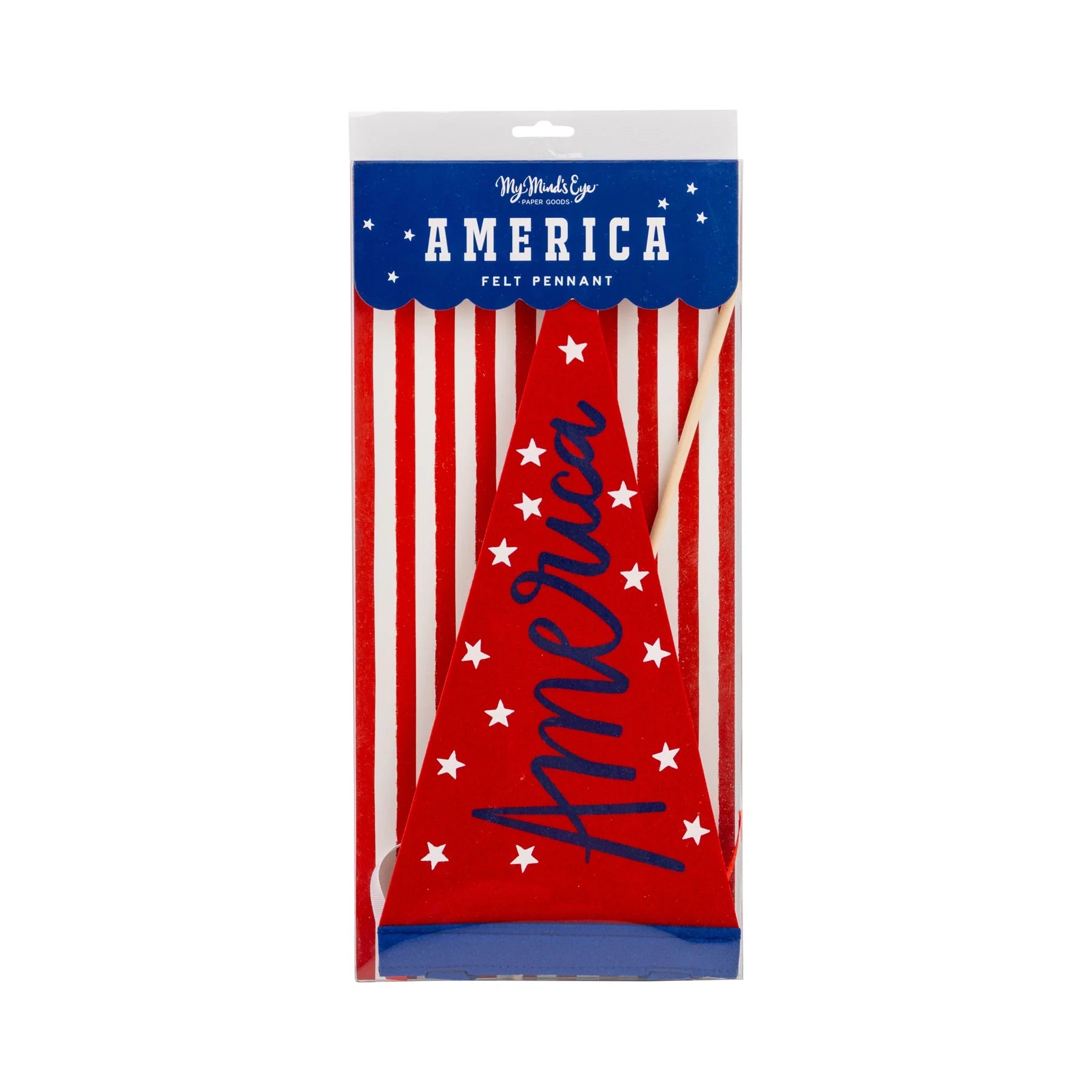 Patriotic pennant cake topper styled on a cake stand with red, white, and blue party decorations.
