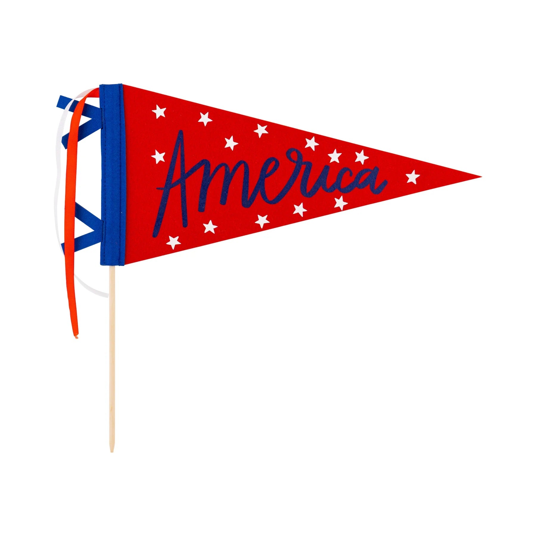 America felt pennant banner with red background and white stars, tied with colorful ribbons.