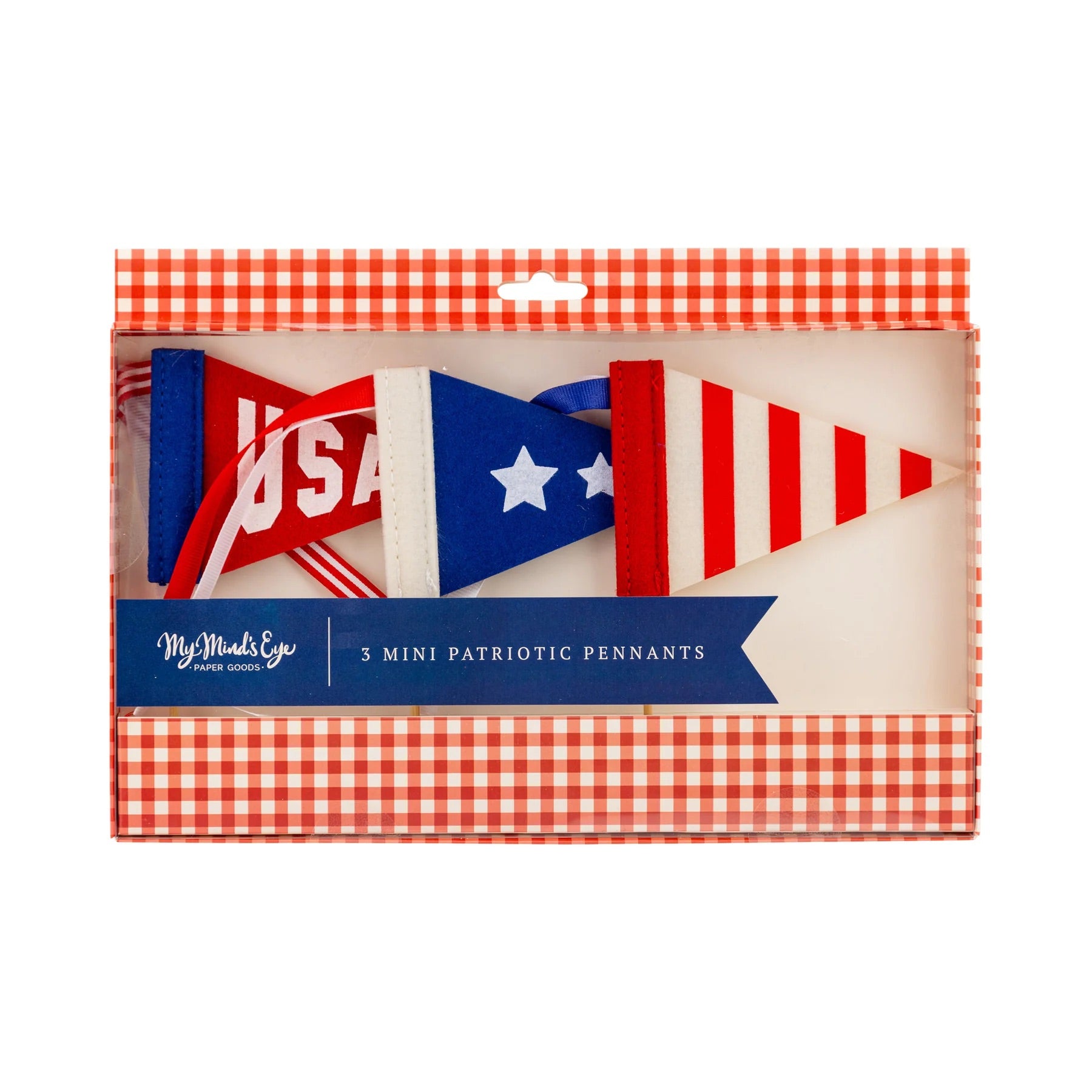 Miniature felt pennant flags styled with red, white, and blue party décor, adding charm to patriotic themed birthdays.