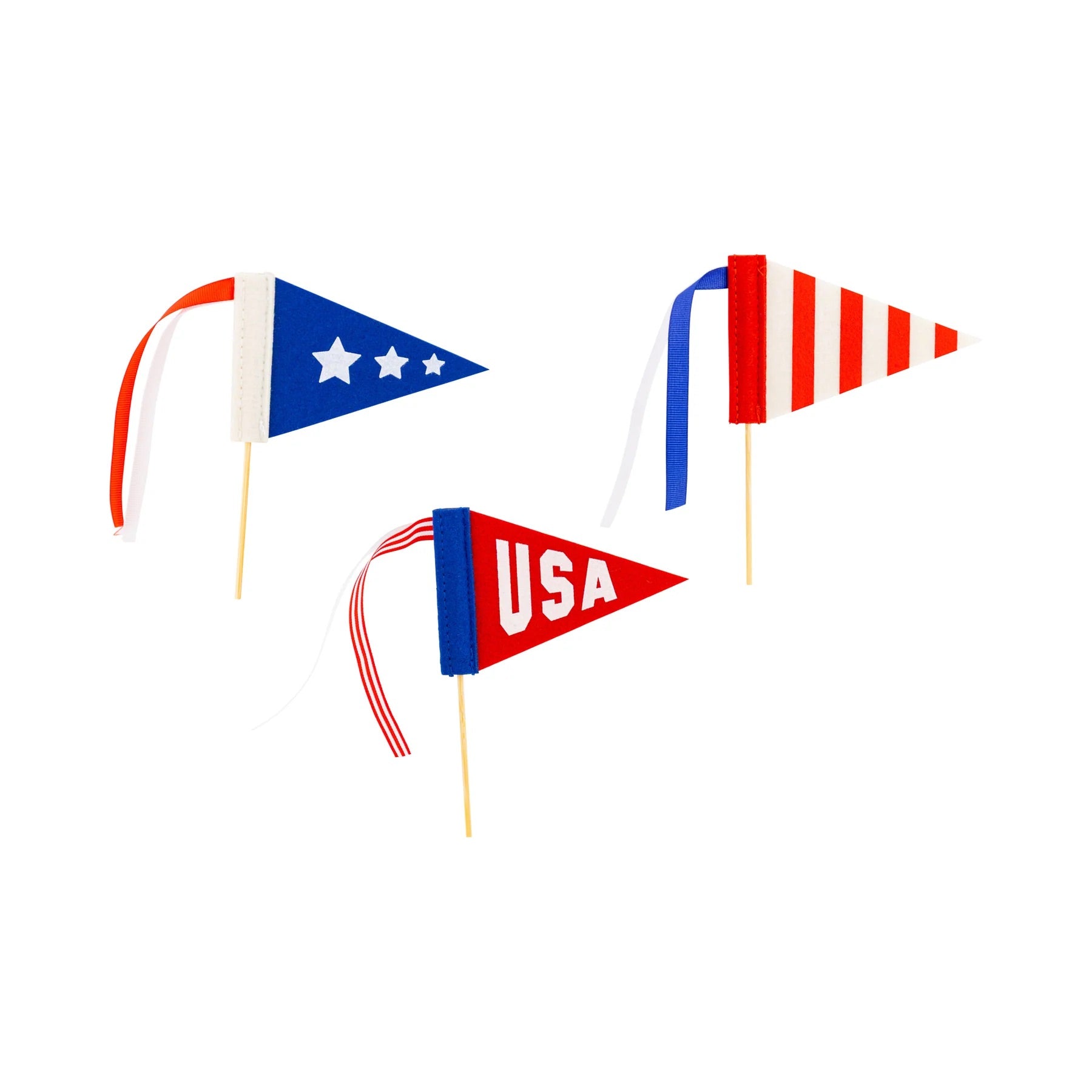 Set of three miniature felt Americana pennants featuring stars, stripes, and 'USA,' ideal for patriotic cake decorations.
