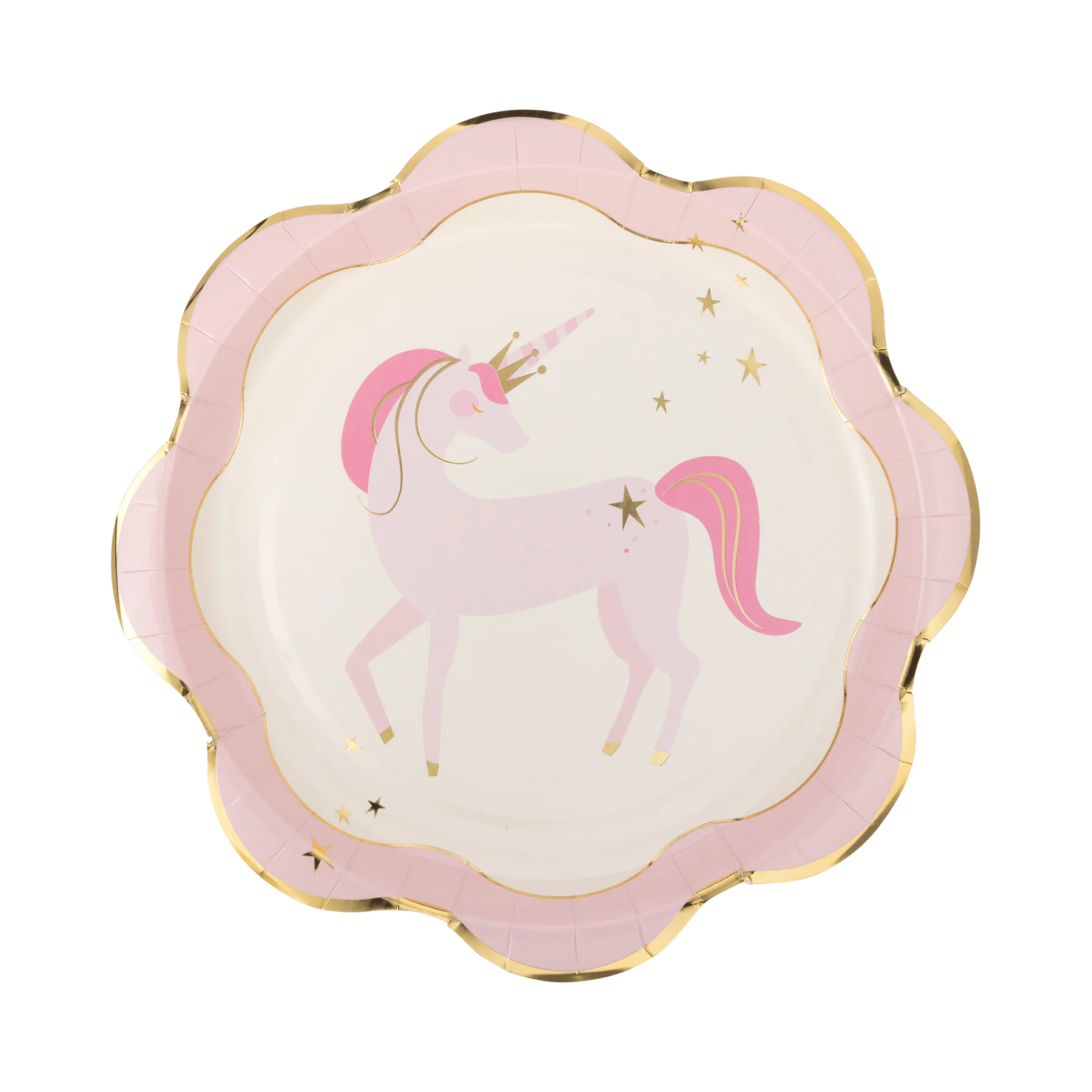 Front view of single ruffle-edge unicorn plate with gold stars and crown.