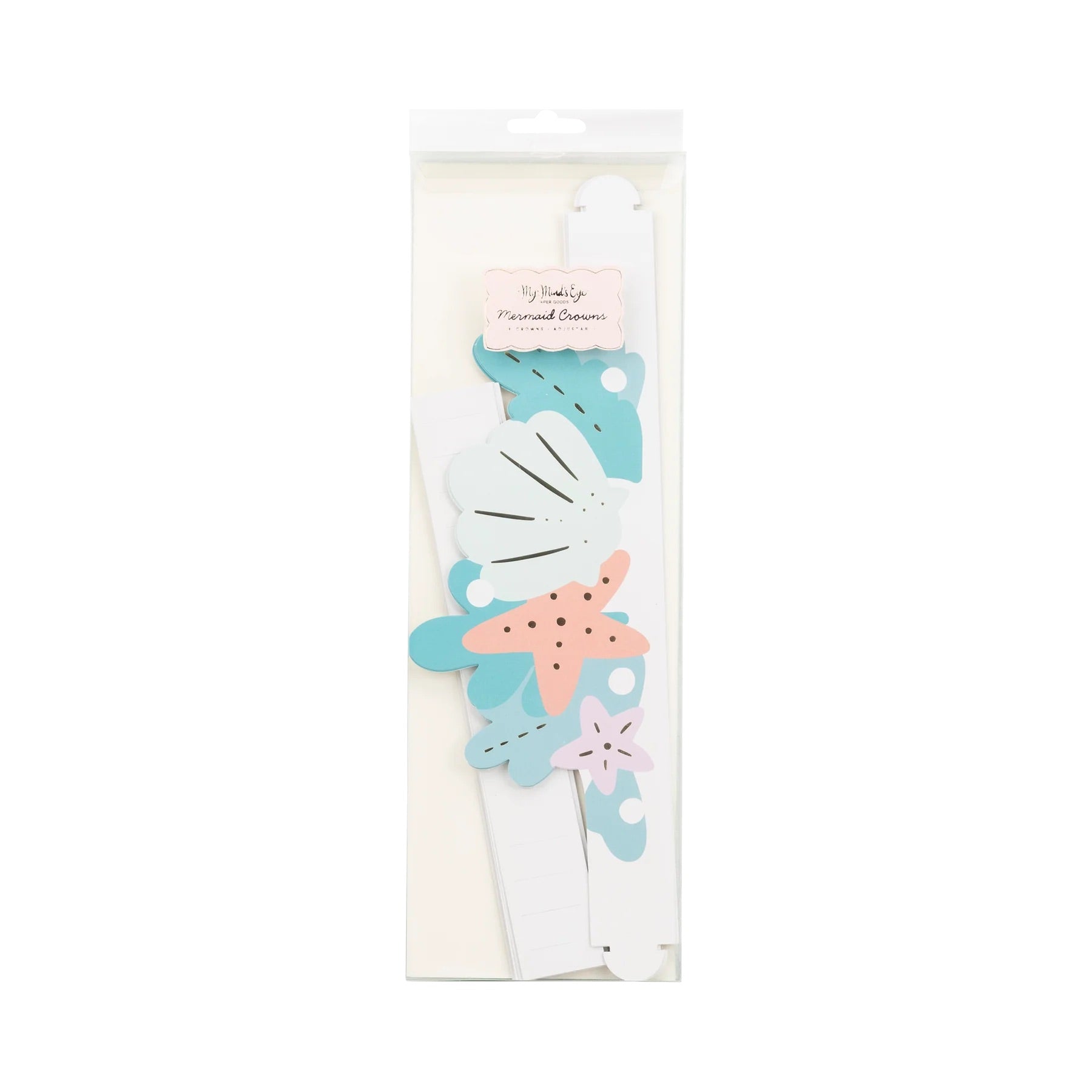 Mermaid Crown Set in packaging, showing flat-packed die-cut crowns with seashell and starfish design.