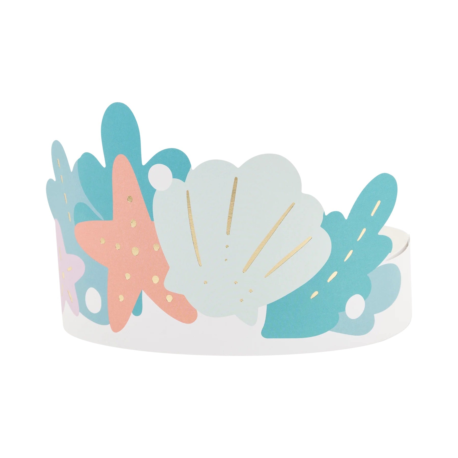 Close-up of a colorful Mermaid Crown featuring blue, pink, and teal seashells and starfish with gold foil accents.