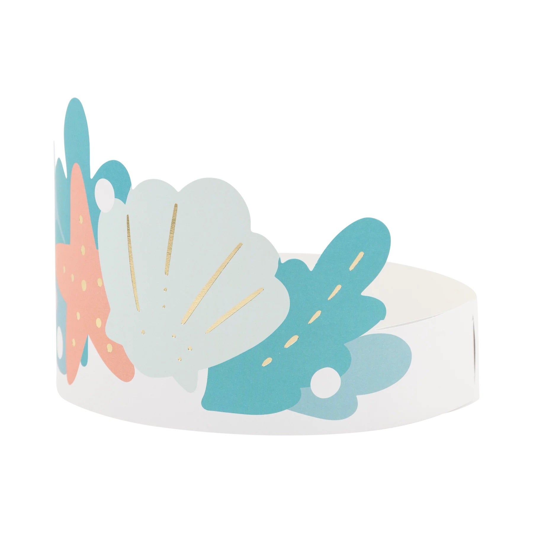 Product detail close-up showing Mermaid Crown die-cut design with gold foil accents and playful ocean shapes.