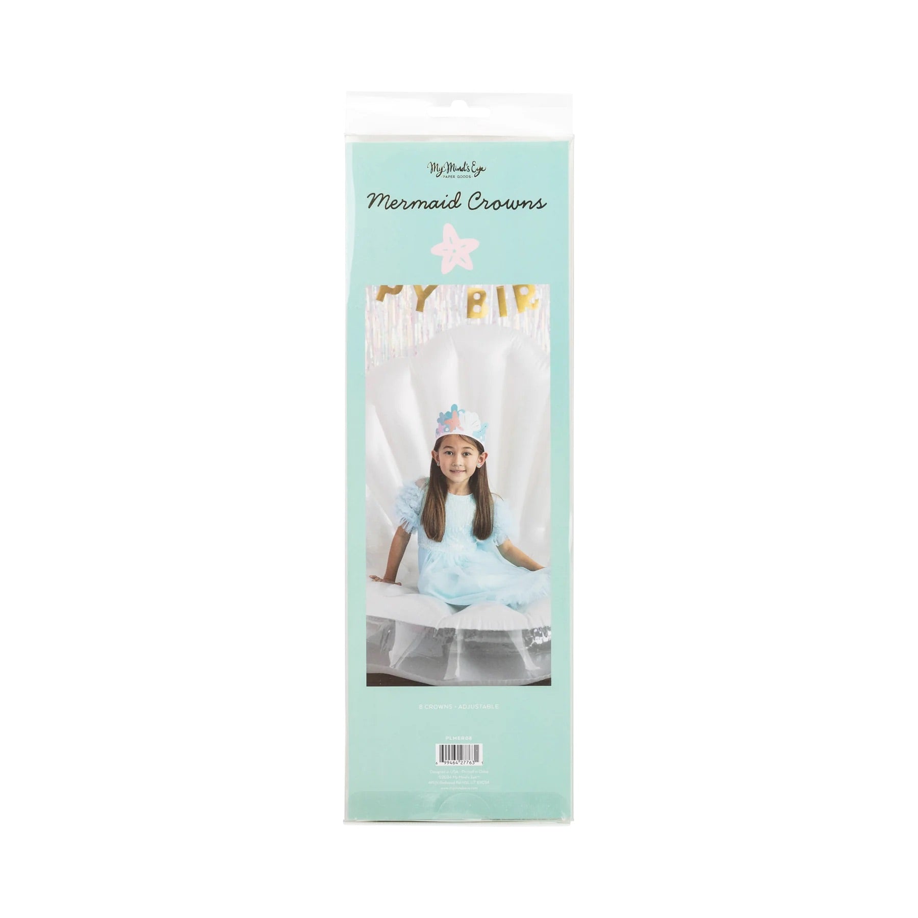 Packaging for Mermaid Crown Set showing a smiling little girl wearing a pastel mermaid crown at a birthday party.