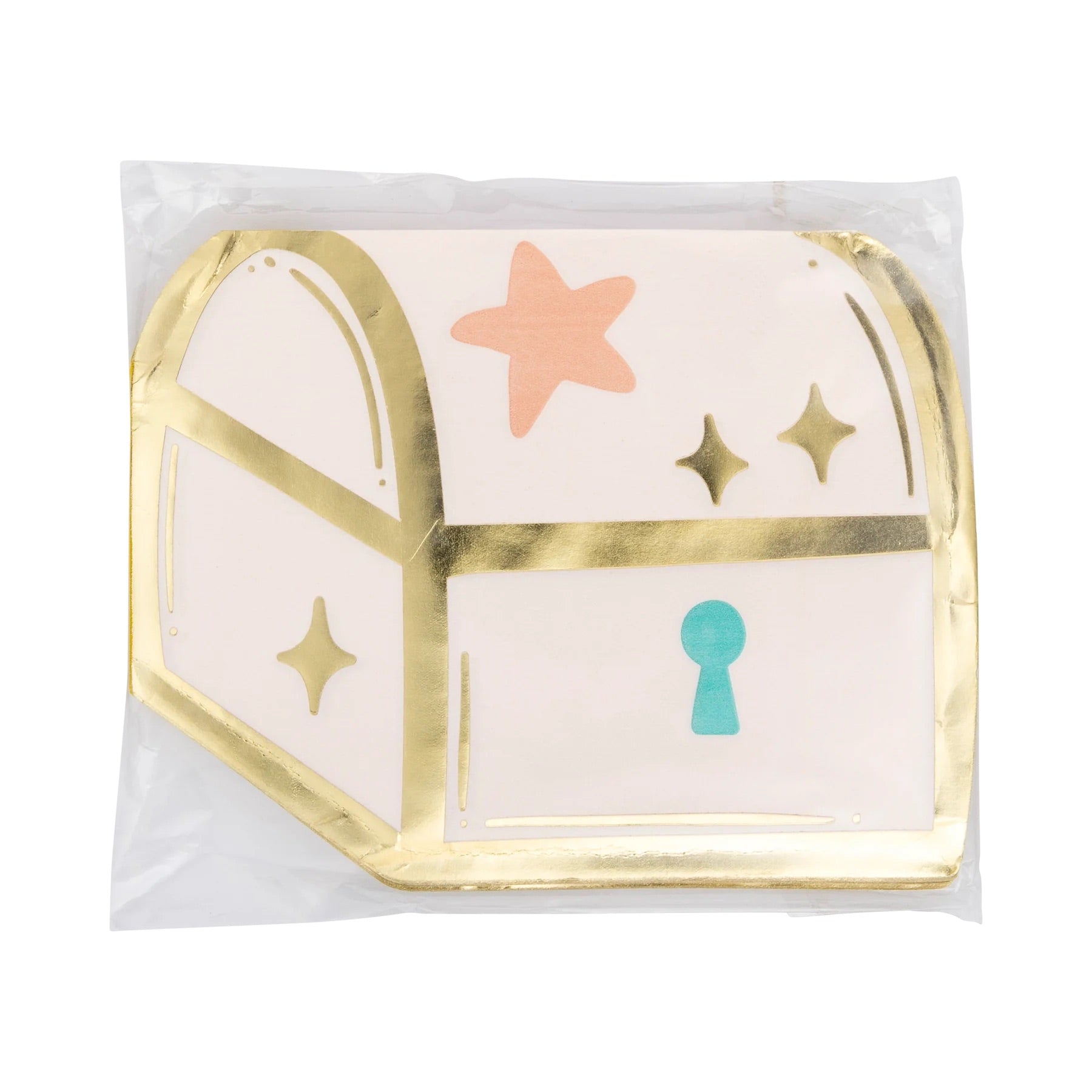 Mermaid Treasure Chest Napkins packaged with reflective gold foil details, perfect for mermaid-themed celebrations.