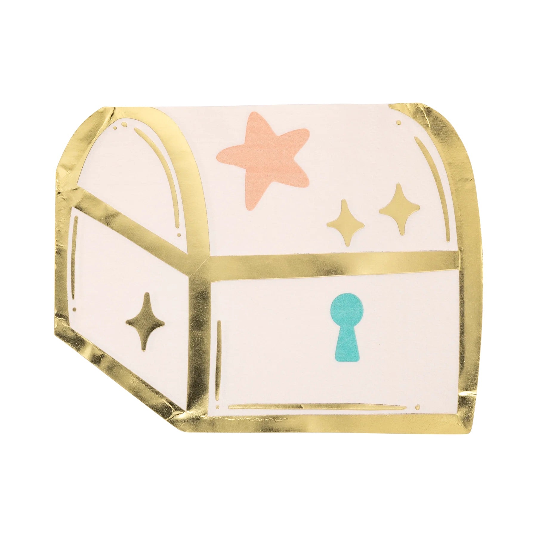 Detailed view of Mermaid Treasure Chest Napkin showcasing shimmering gold foil, a teal keyhole, and whimsical pastel starfish.