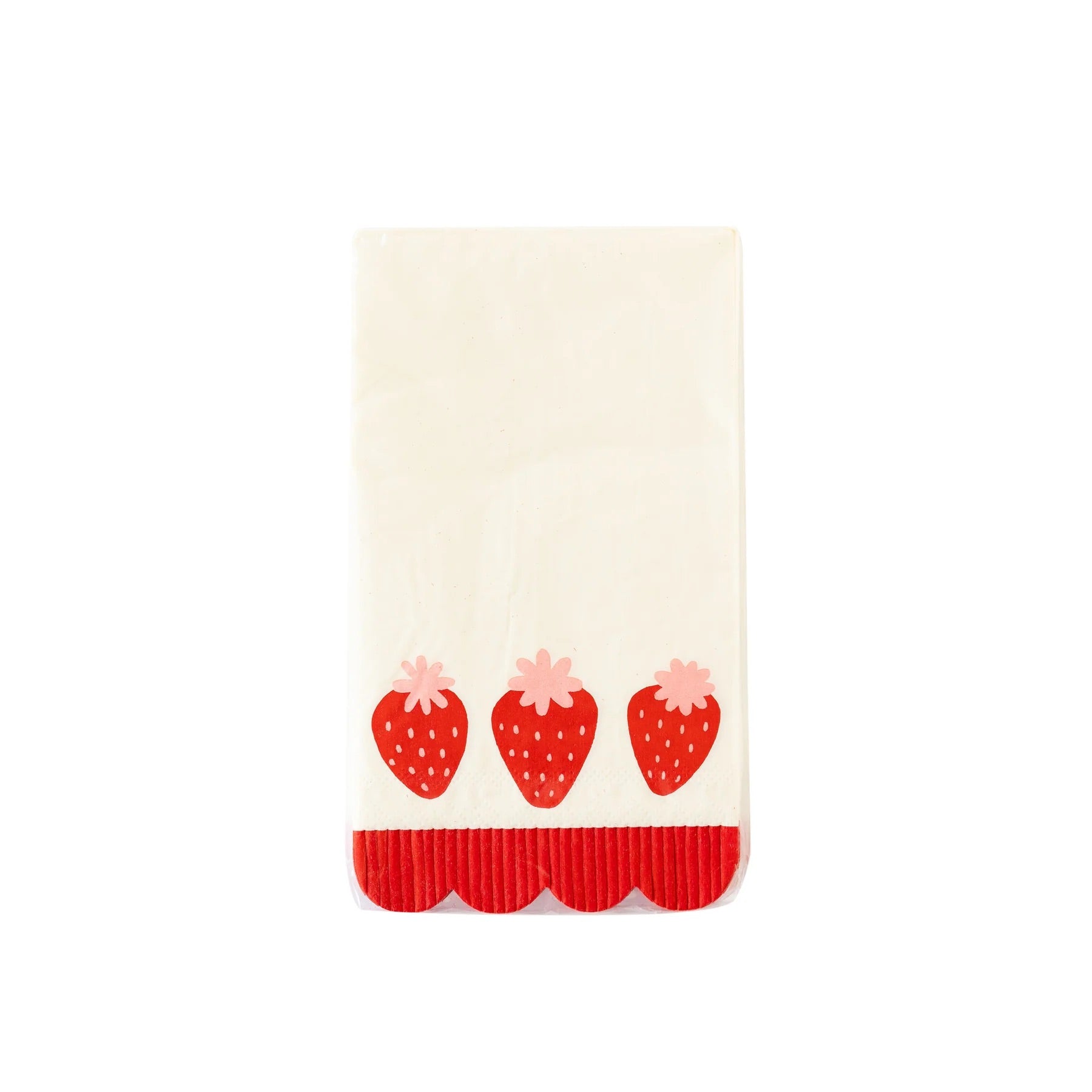 Single Berry Fringe scalloped napkin unfolded, displaying an adorable trio of strawberries and charming red scalloped fringe on the bottom.