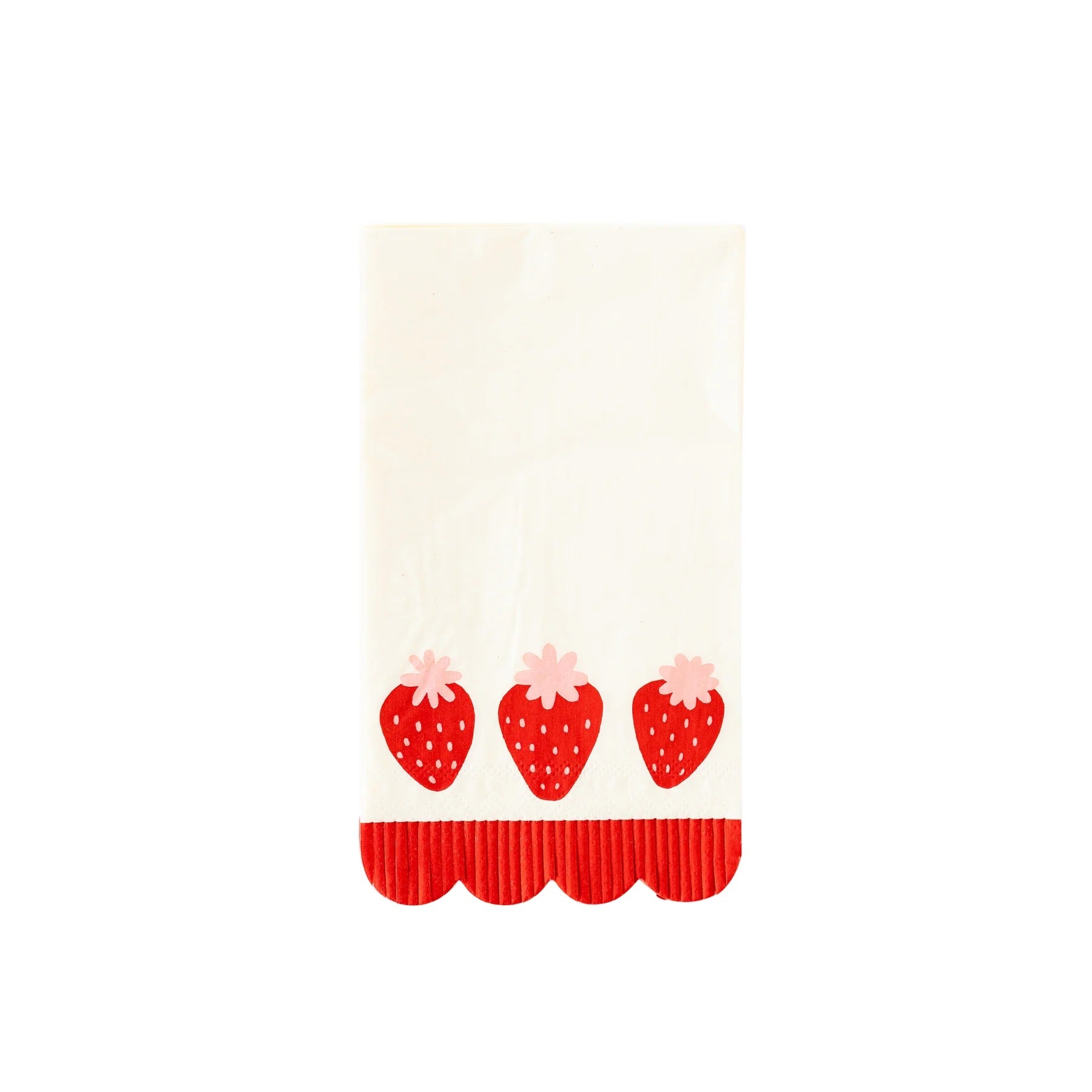 Close-up of a Berry Fringe scalloped guest towel highlighting its playful strawberry design, perfect for a strawberry-themed celebration.
