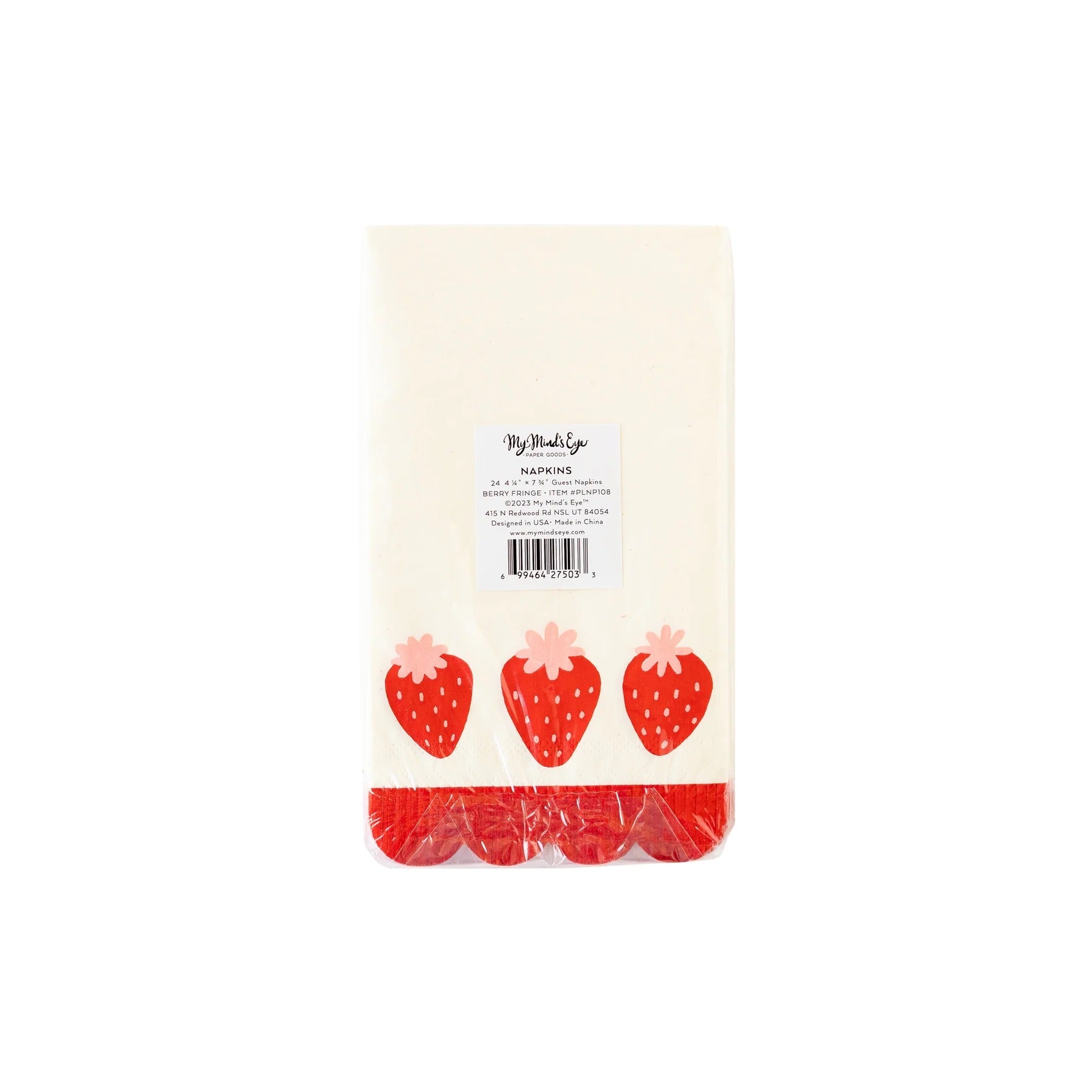 Pack of Berry Fringe scalloped guest towels featuring three red strawberries along the bottom edge, neatly packaged in clear wrapping.