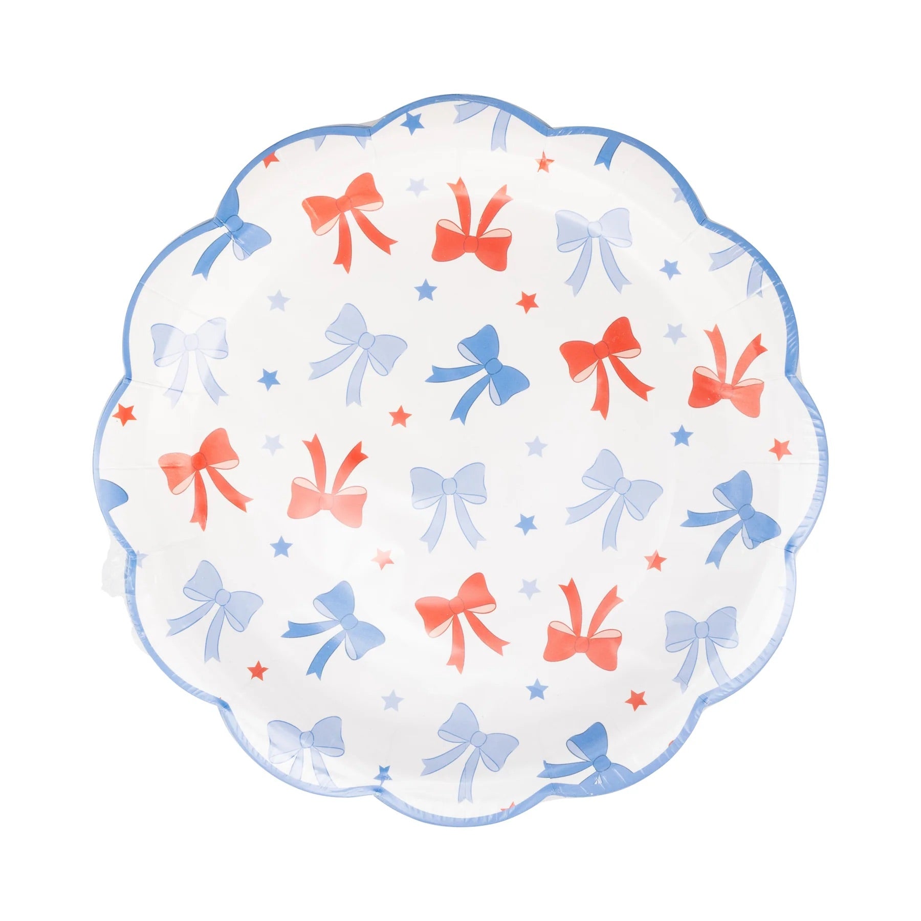 Girly patriotic paper plates with playful red and blue bows, perfect for a child's birthday party.