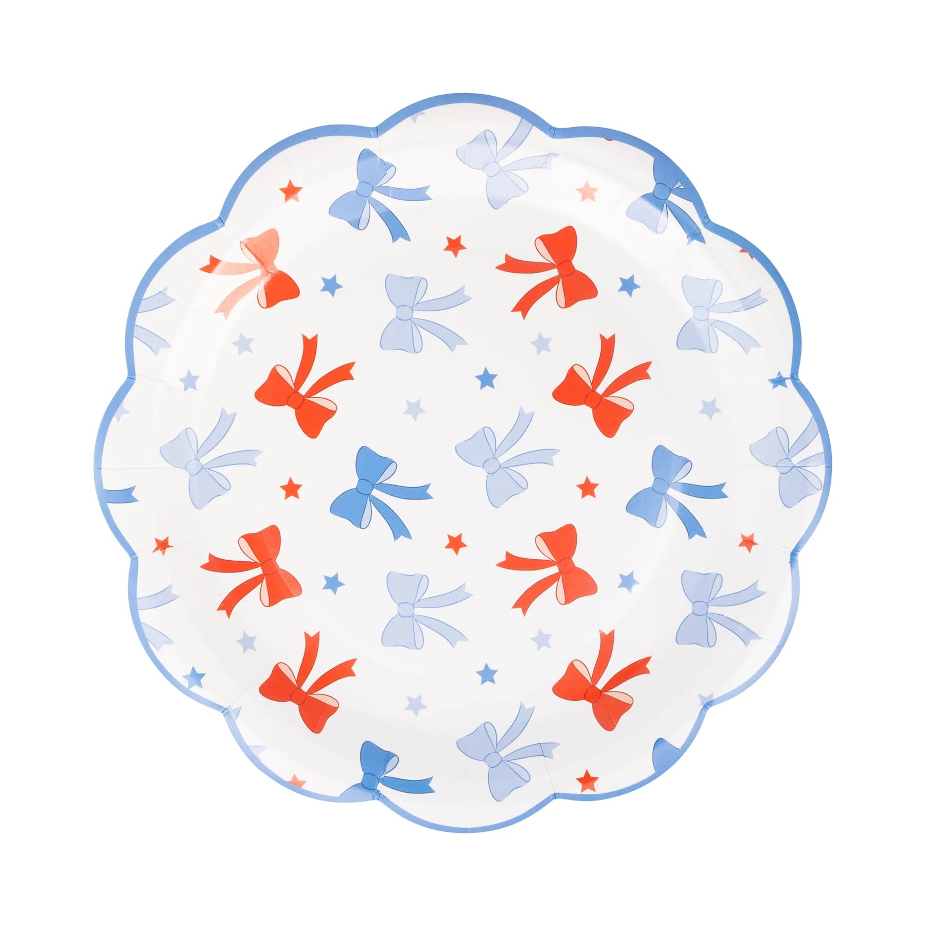 Fun and festive plates covered in red and blue bows, ideal for a little girl's 'red, white, and two' celebration.