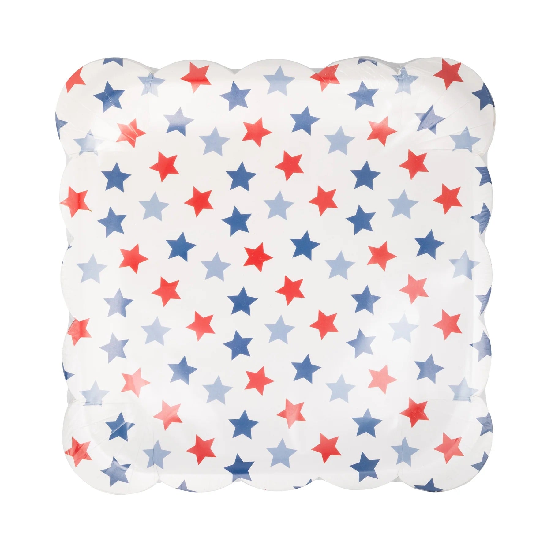 Square paper plate with red, white, and blue stars and playful scalloped edges.