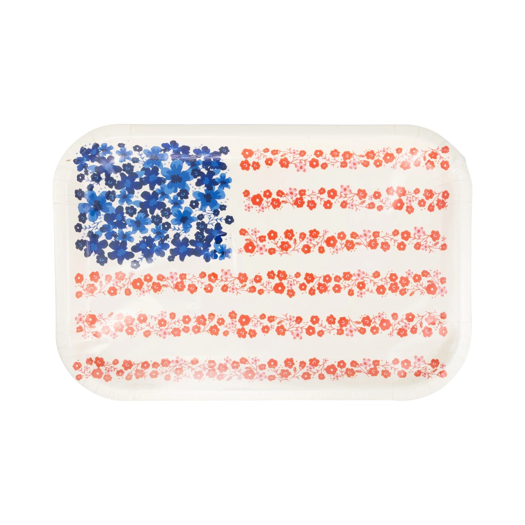 Rectangular paper plate with a floral interpretation of the American flag, perfect for chic patriotic parties.