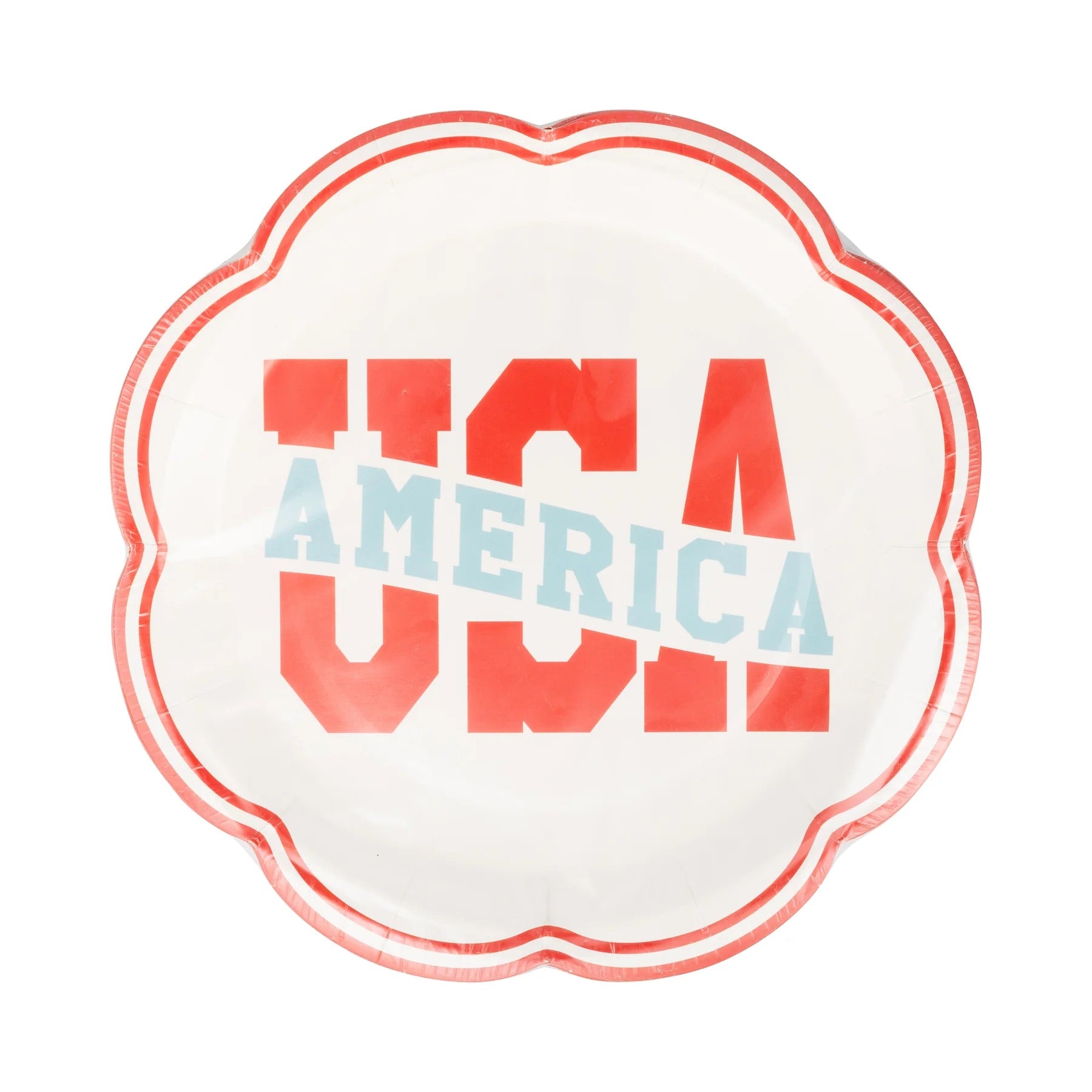 Classic red, white, and blue Americana-inspired plates with nostalgic design for July 4th celebrations.