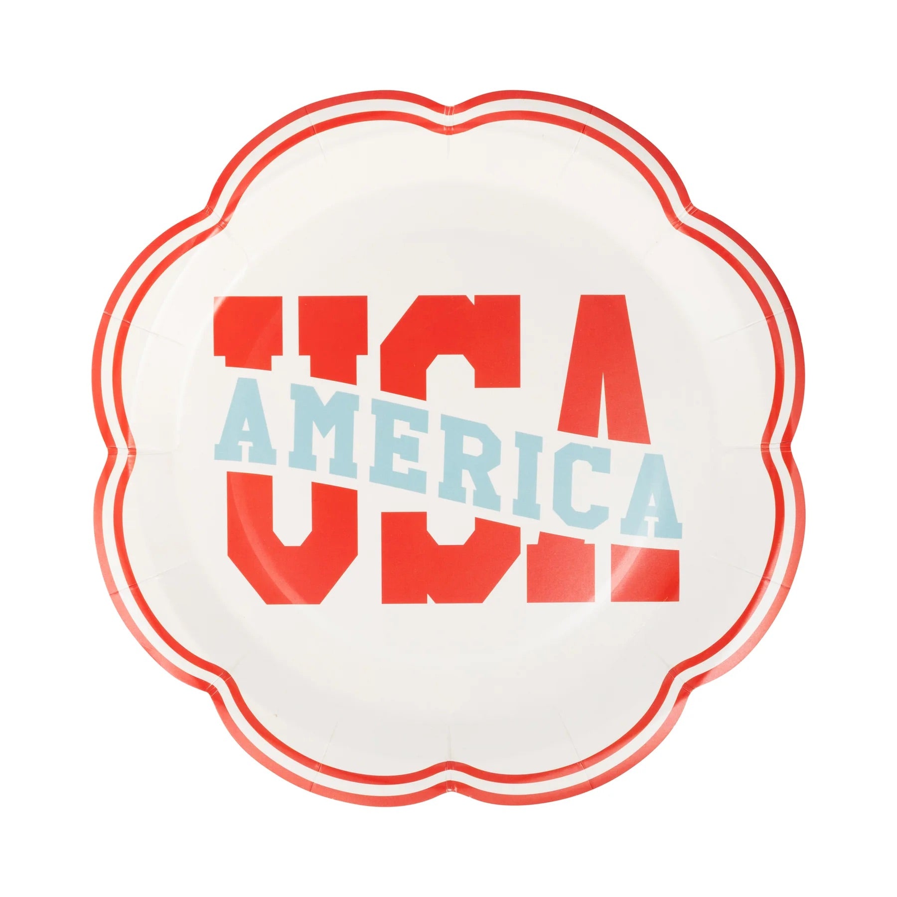 Vintage-inspired Americana paper plate featuring bold USA lettering with a red scalloped edge.