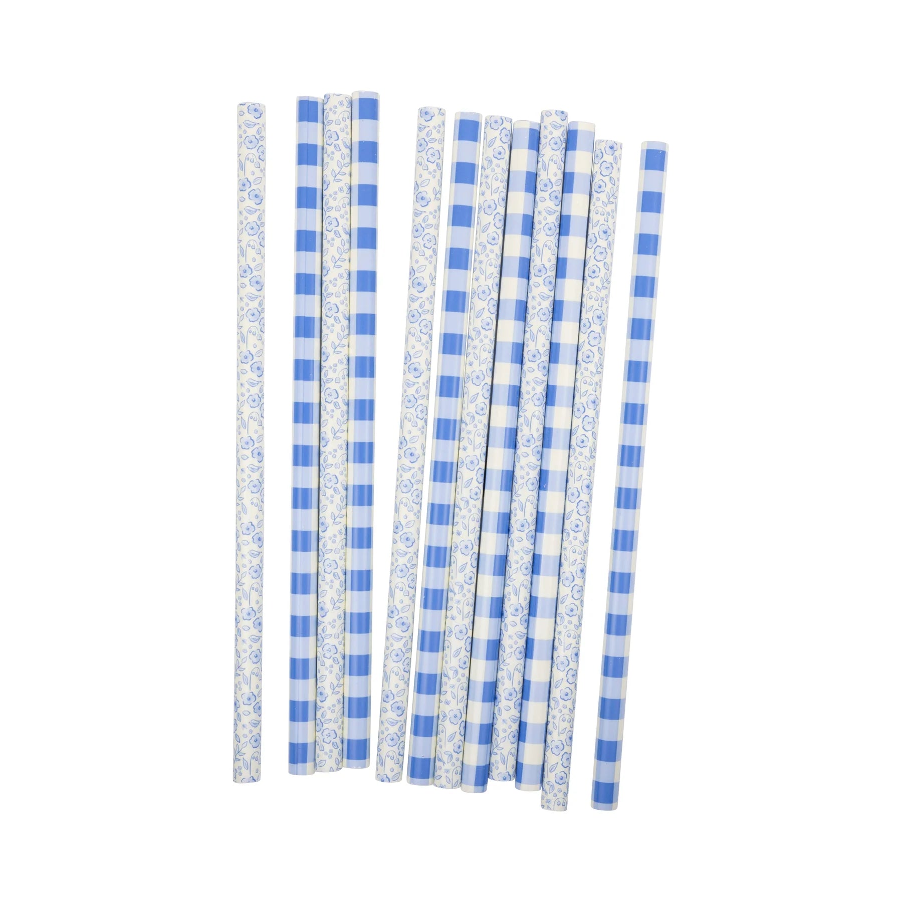 Flat Lay Straws: Overhead arrangement of the twelve blue gingham and floral straws fanned out on a white backdrop.