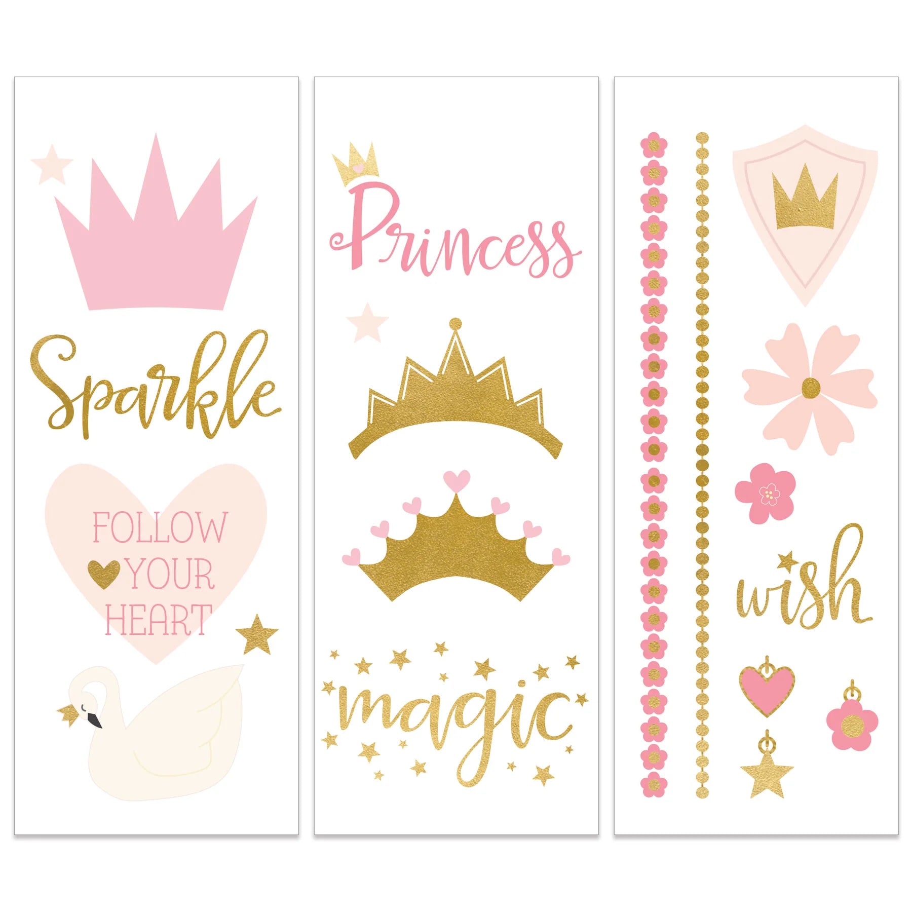 Three perforated tattoo strips side by side showing assorted crown and flower designs with “magic” script in gold.